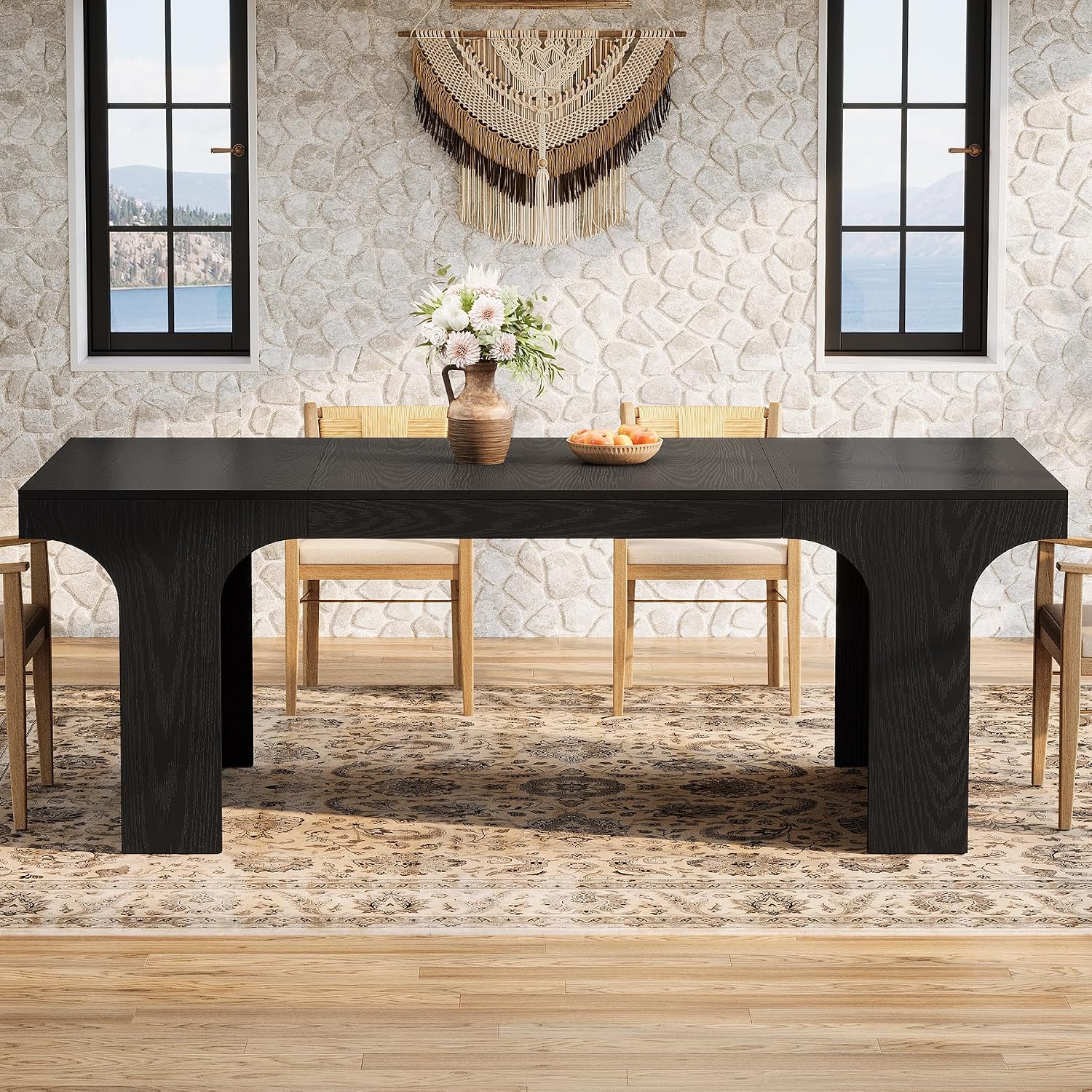 Tribesigns 71-Inch Farmhouse Dining Table for 6-8, Long Modern Wooden Kitchen Table with Arched Design, Large Rectangular Dining Furniture with Double Pedestal for Dinner Room, Black