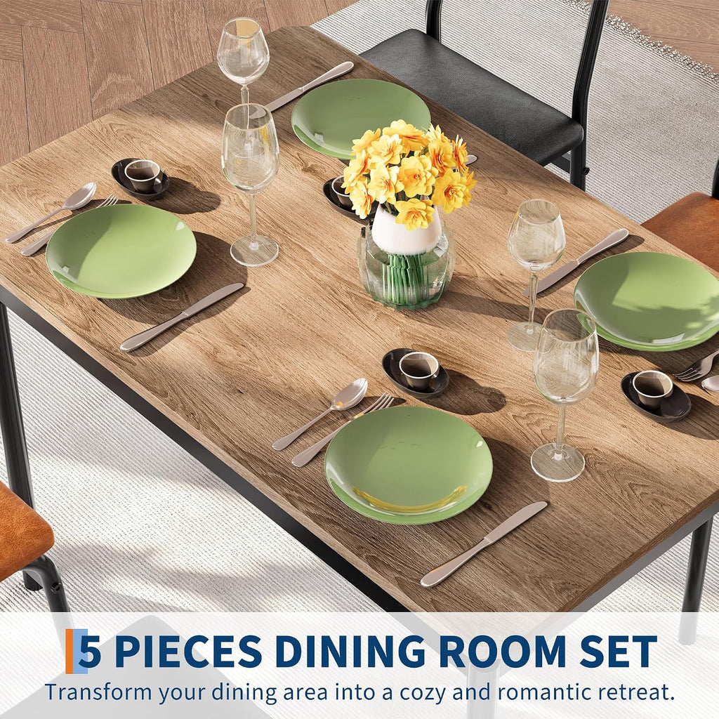 Garvee Dining Table Set for 4, 5 Piece Wooden Dining Table and Chairs, 4 PU Upholstered Chair, Modern Metal Frame Dinette Set for Dining Room, Home Dinner, Party, Apartment, Brown + Black