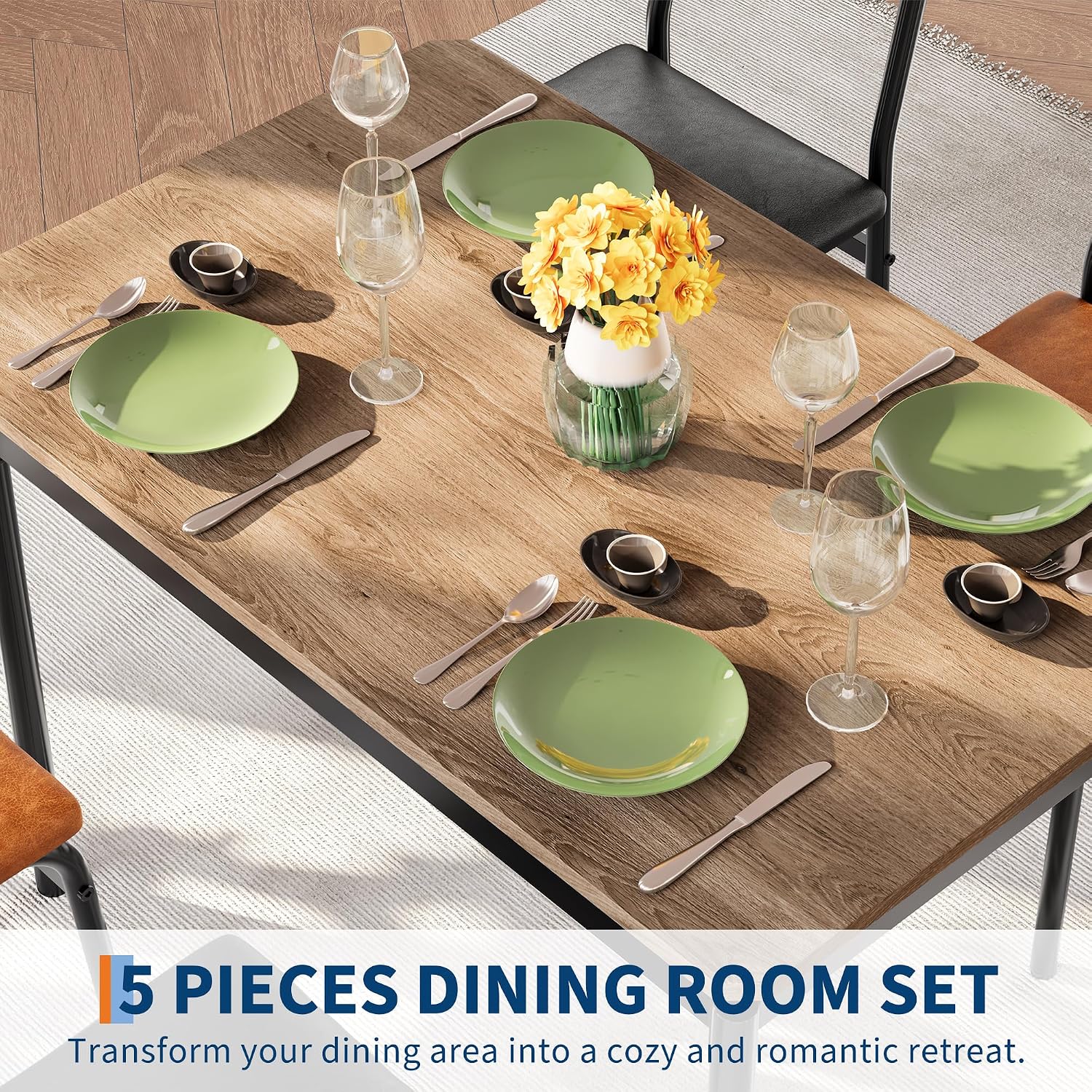 Garvee Dining Table Set for 4, 5 Piece Wooden Dining Table and Chairs, 4 PU Upholstered Chair, Modern Metal Frame Dinette Set for Dining Room, Home Dinner, Party, Apartment, Brown + Black