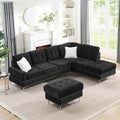 102' L-Shaped Sectional Coch with Chaise & Storage Ottoman, 4-Seater Chenille Upholstered Corner Sofa Couch with Metal Legs & Copper Rivets, Sectional Couches for Living Room with Pillow Back, Black