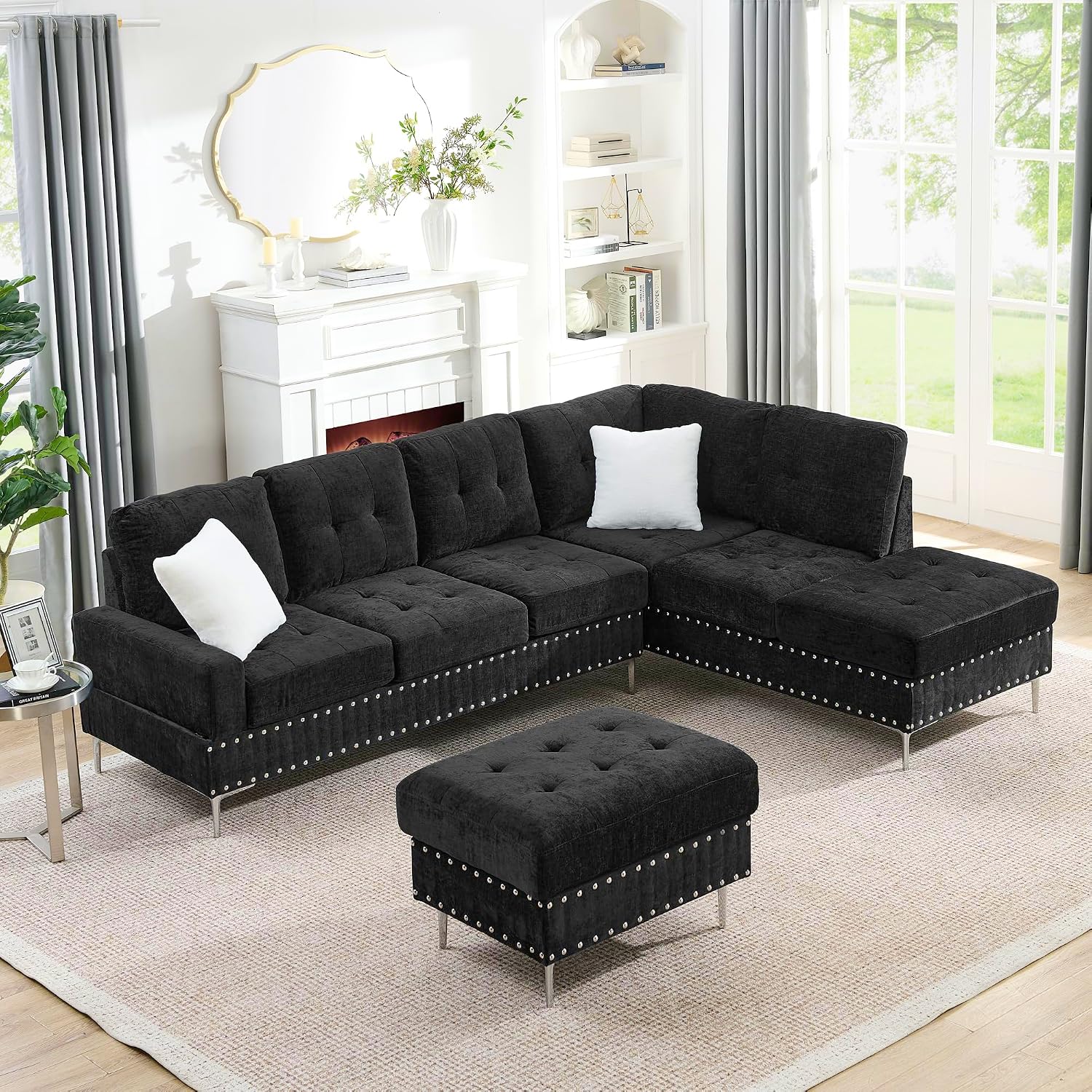 102' L-Shaped Sectional Coch with Chaise & Storage Ottoman, 4-Seater Chenille Upholstered Corner Sofa Couch with Metal Legs & Copper Rivets, Sectional Couches for Living Room with Pillow Back, Black