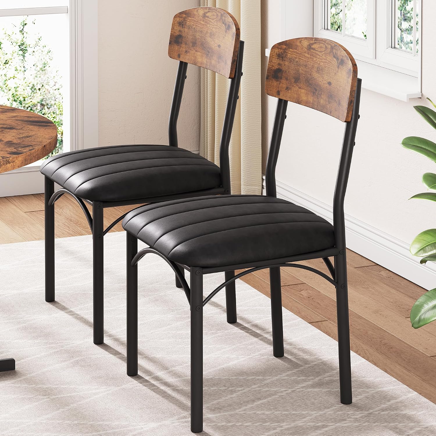 Jocoevol Dining Chairs Set of 4 - Upholstered Dining Room Chairs with PU Leather, Industrial Kitchen Chairs with Wooden Backrest and Thickened Metal Legs, for Dining Room, Living Room (Vintage)