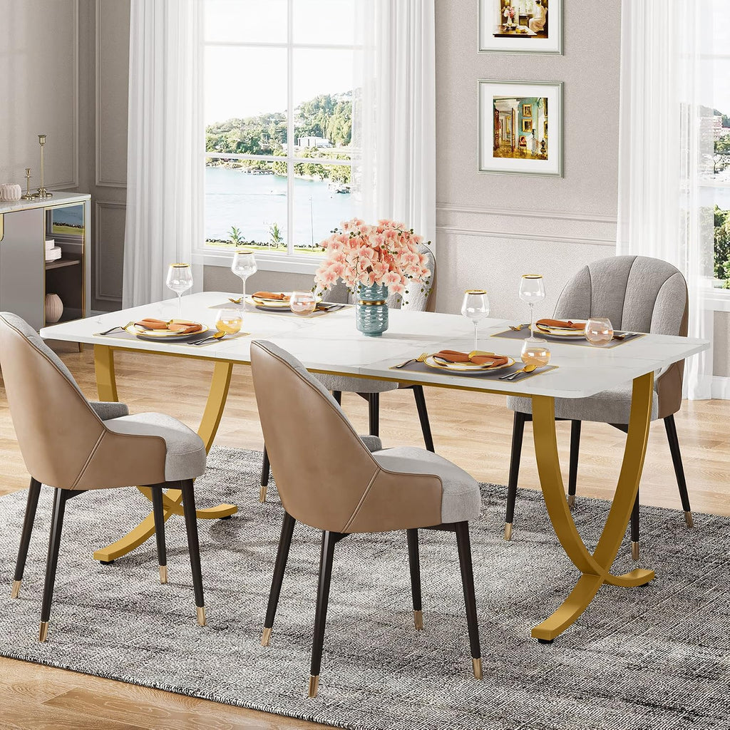 LITTLE TREE Dining Room Table, Kitchen Table with Faux Marble Table Top and Gold Metal Legs