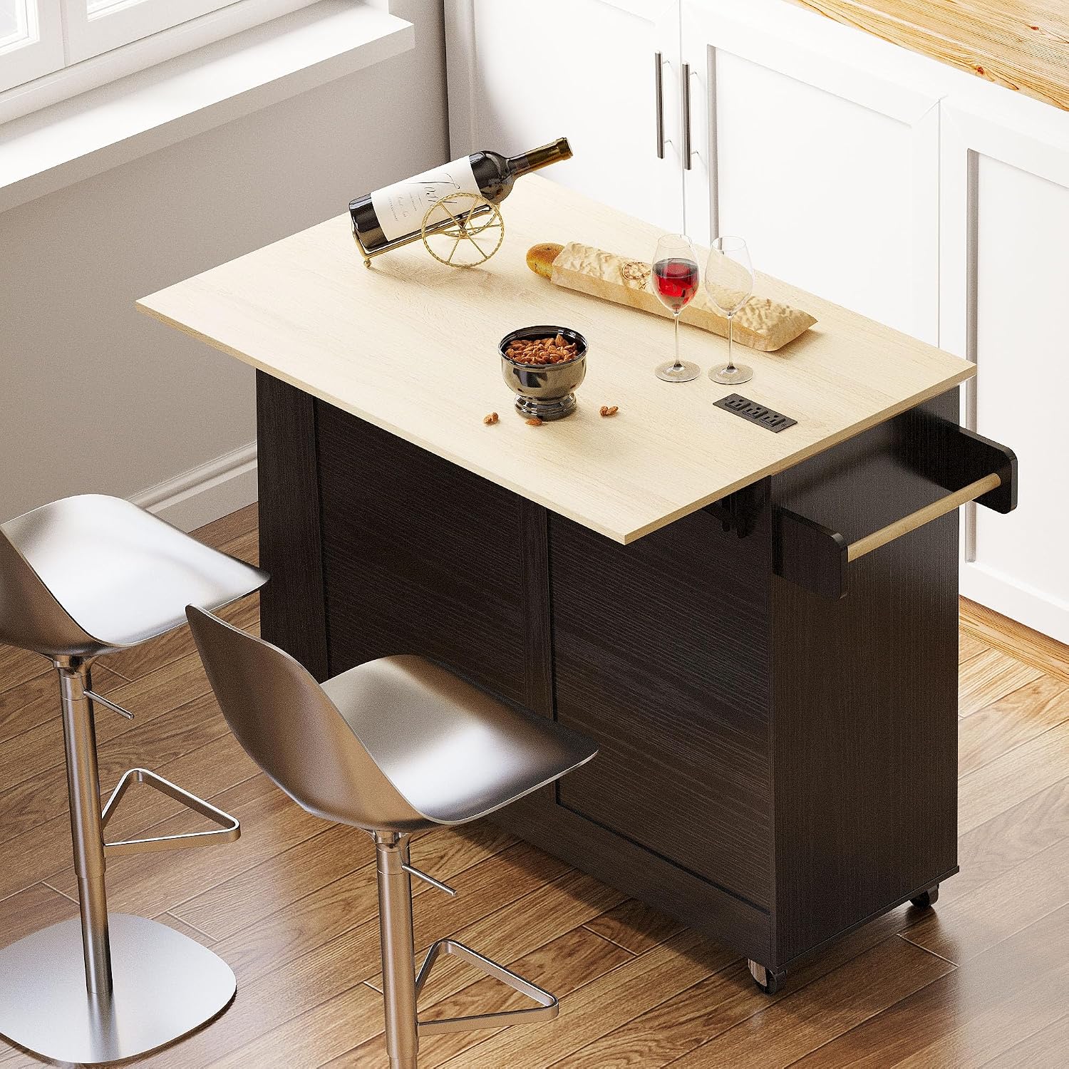 IRONCK Kitchen Island Cart with Storage, Rolling Kitchen Table with Power Outlet, Storage Cabinets on Wheels with Drop Leaf, Portable for Dining Room, Black
