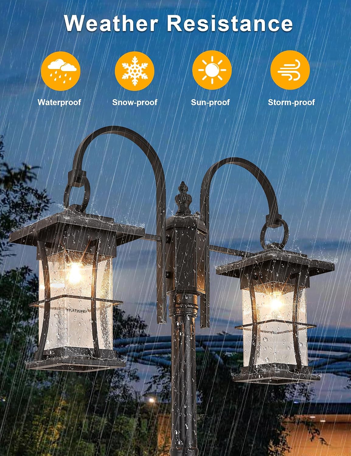 Dusk to Dawn Outdoor Lamp Post Light with Outlet, Electric 2-Head Outdoor Pole Light Farmhouse Street Light Post for Outside Waterproof Black Exterior Pillar Lantern for Garden Patio Driveway
