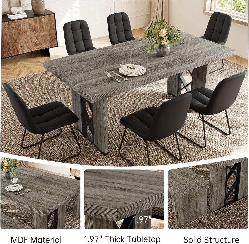HIPIHOM 7-Piece Dining Table Set for 6 People, 70.8' MDF Kitchen Table with 6 Upholstered Chairs, Space-Saving for Dining Room, Breakfast Nook(Grey Table+6 U-Shaped Black Chairs)