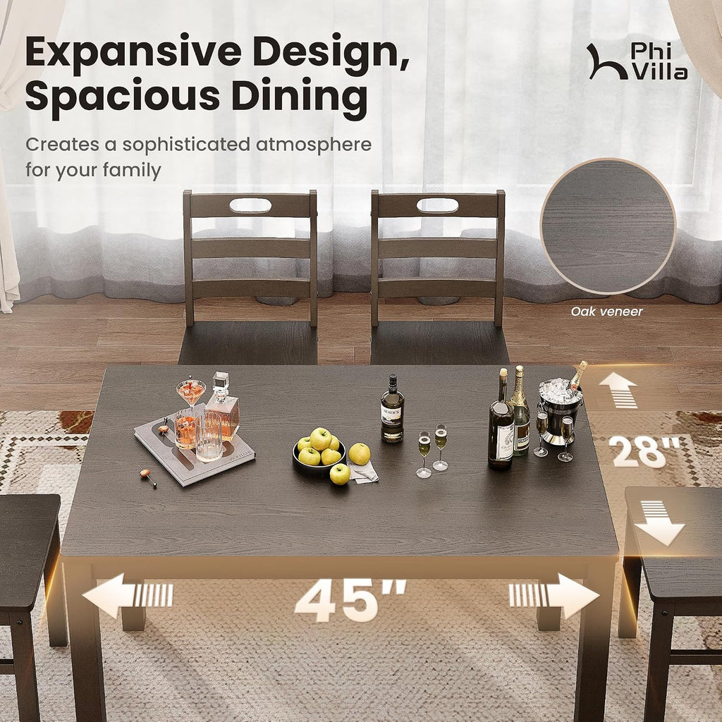 PHI VILLA Dining Table Set for 4, Solid Wood Farmhouse Kitchen Table Chairs Set of 4, 5 Piece Space-Saving Dining Room Table Set for Apartment, Dark Oak