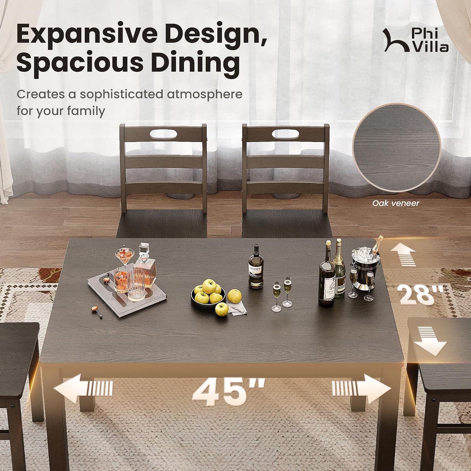 PHI VILLA Dining Table Set for 4, Solid Wood Farmhouse Kitchen Table Chairs Set of 4, 5 Piece Space-Saving Dining Room Table Set for Apartment, Dark Oak