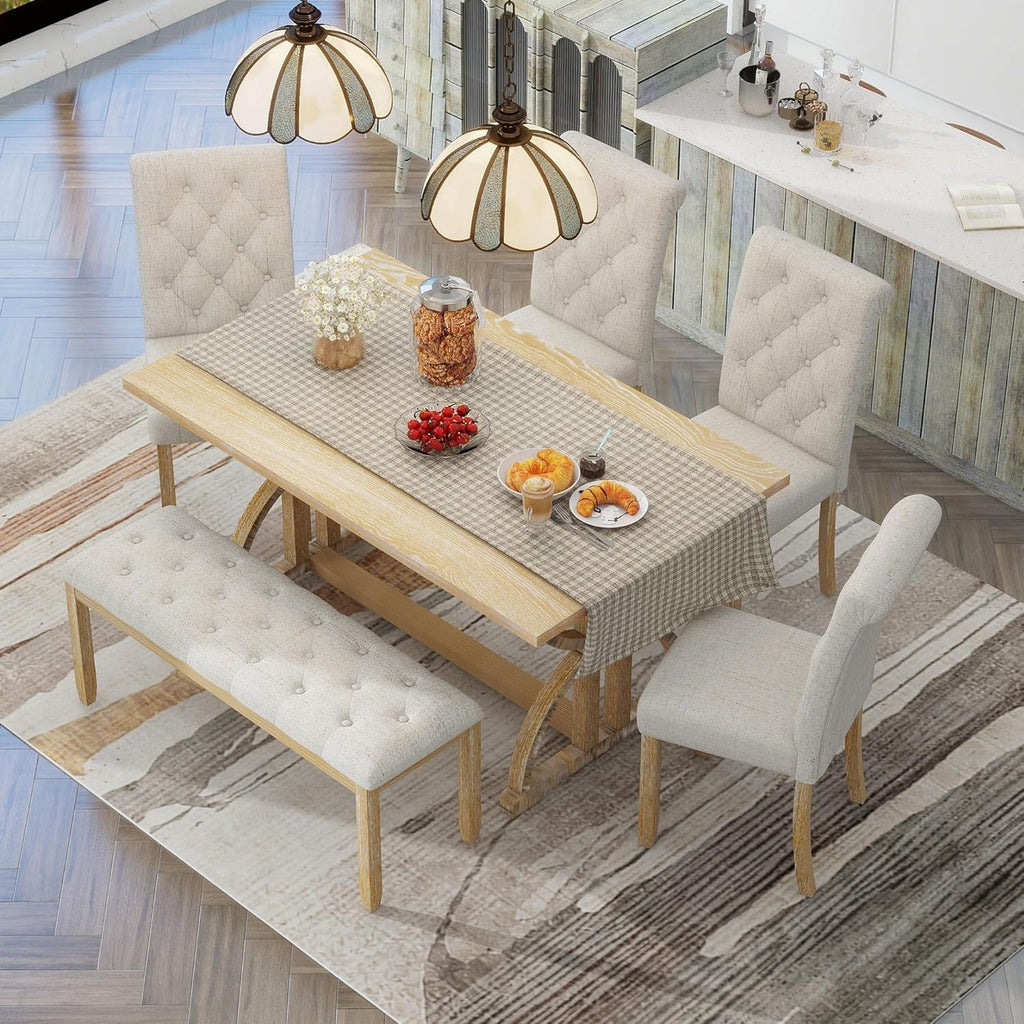 Merax 6-Piece Solid Wood Dining Table Set for 6, Rectangular Kitchen Room Table Set with 1 Bench and 5 Upholstered Chairs for Dining Room & Kitchen, Natural Wood Wash
