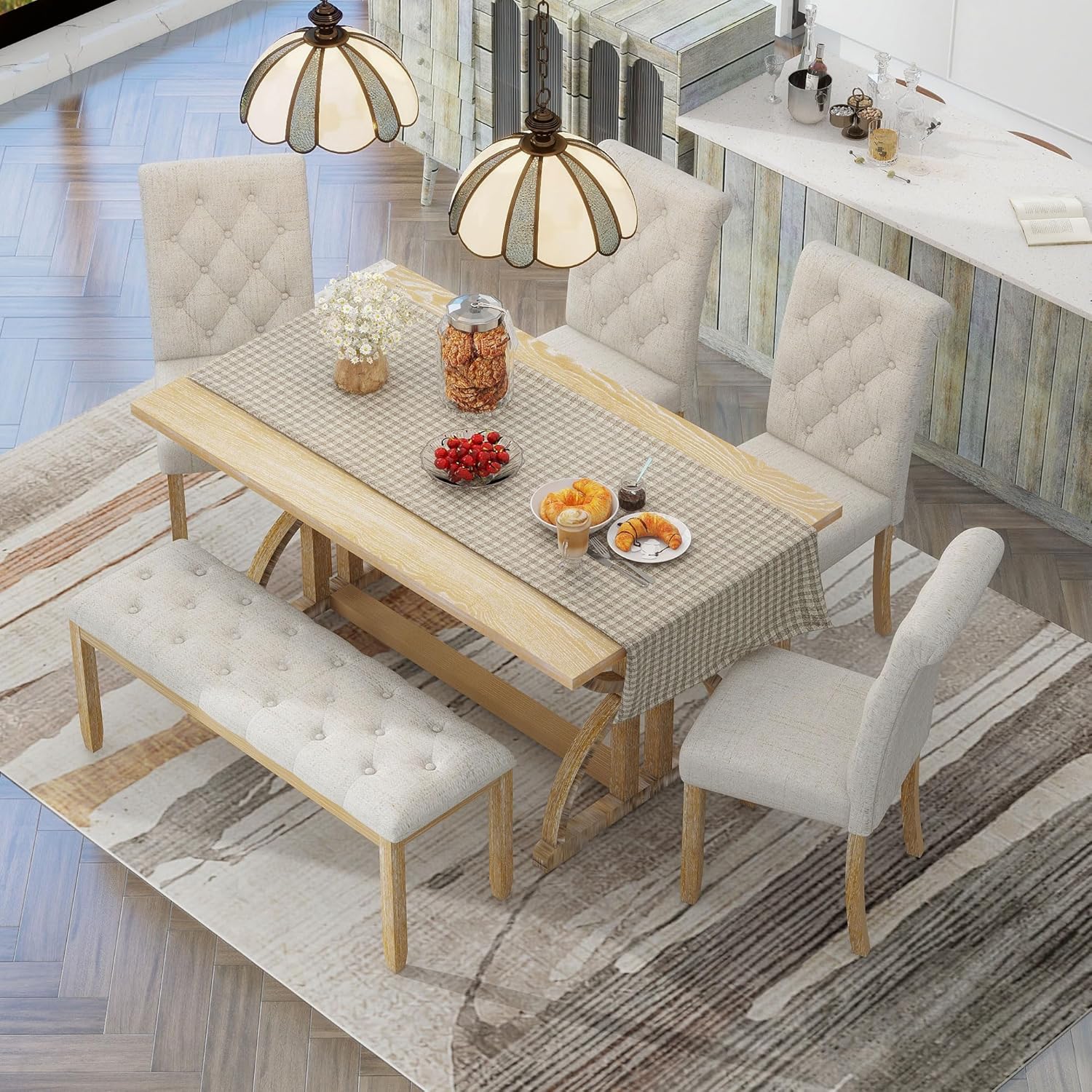 Merax 6-Piece Solid Wood Dining Table Set for 6, Rectangular Kitchen Room Table Set with 1 Bench and 5 Upholstered Chairs for Dining Room & Kitchen, Natural Wood Wash