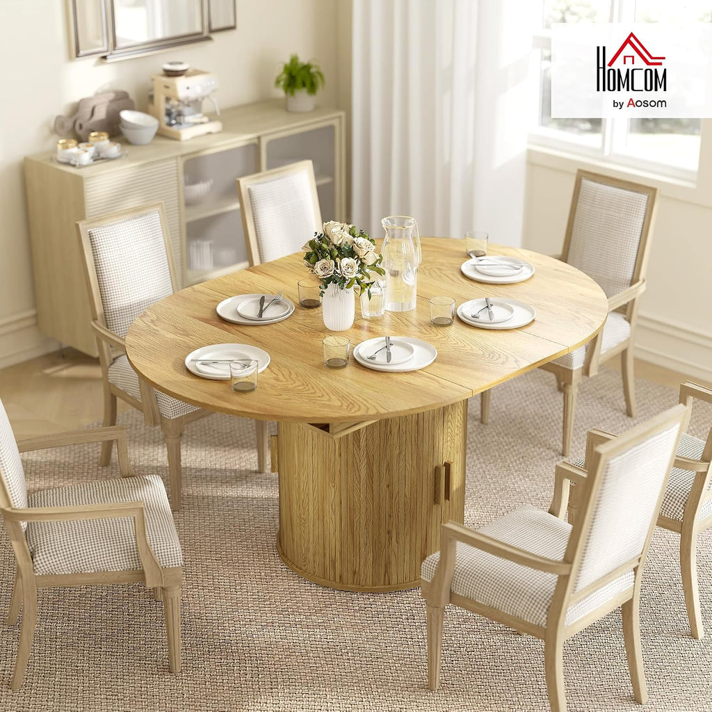 HOMCOM 43.3' to 59' Extendable Round Dining Table for 4-6, Farmhouse Transformer Dining Room Table with Removable Leaves, Circle Kitchen Table with Sliding Doors, Kitchen, Living Room, Natural Wood