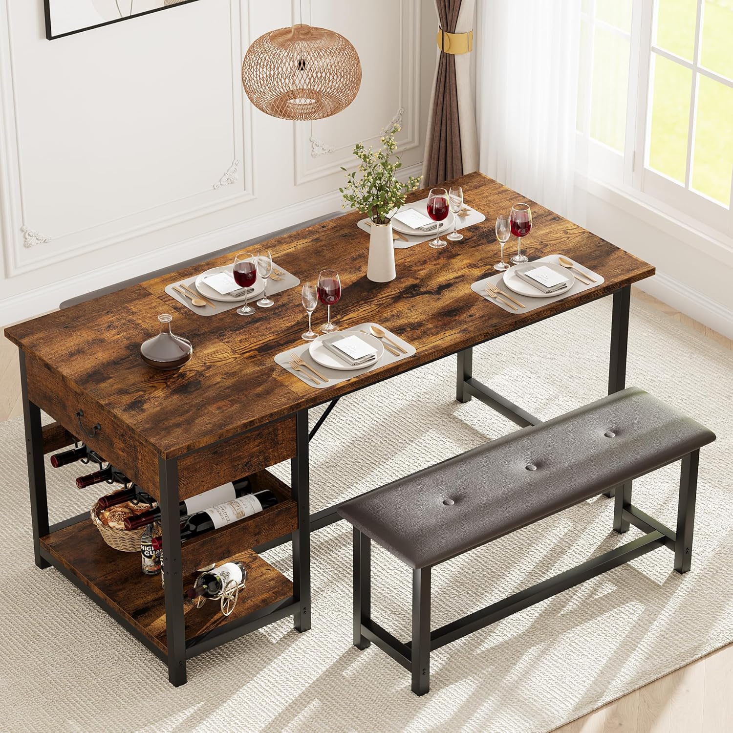 GarveeHome Dining Table Set for 4, Kitchen Dining Table Set with Upholstered Benches, Kitchen Dining Room Table with Storage Drawers & Wine Rack for Small Space, Rustic Brown