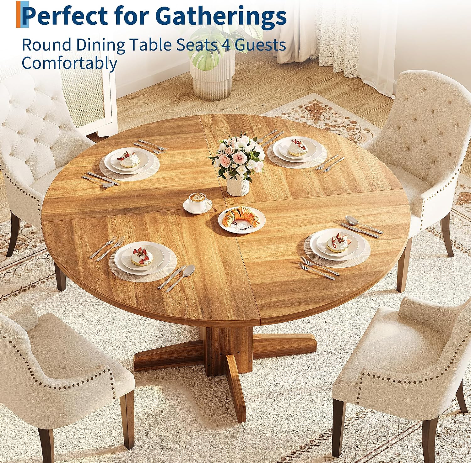 IDEALHOUSE Round Dining Table for 4-6 People, 47' Wood Kitchen Table with Sturdy Pedestal Base, Farmhouse Circle Dinner Tables for Dining Room, Living Room, Apartment, Walnut