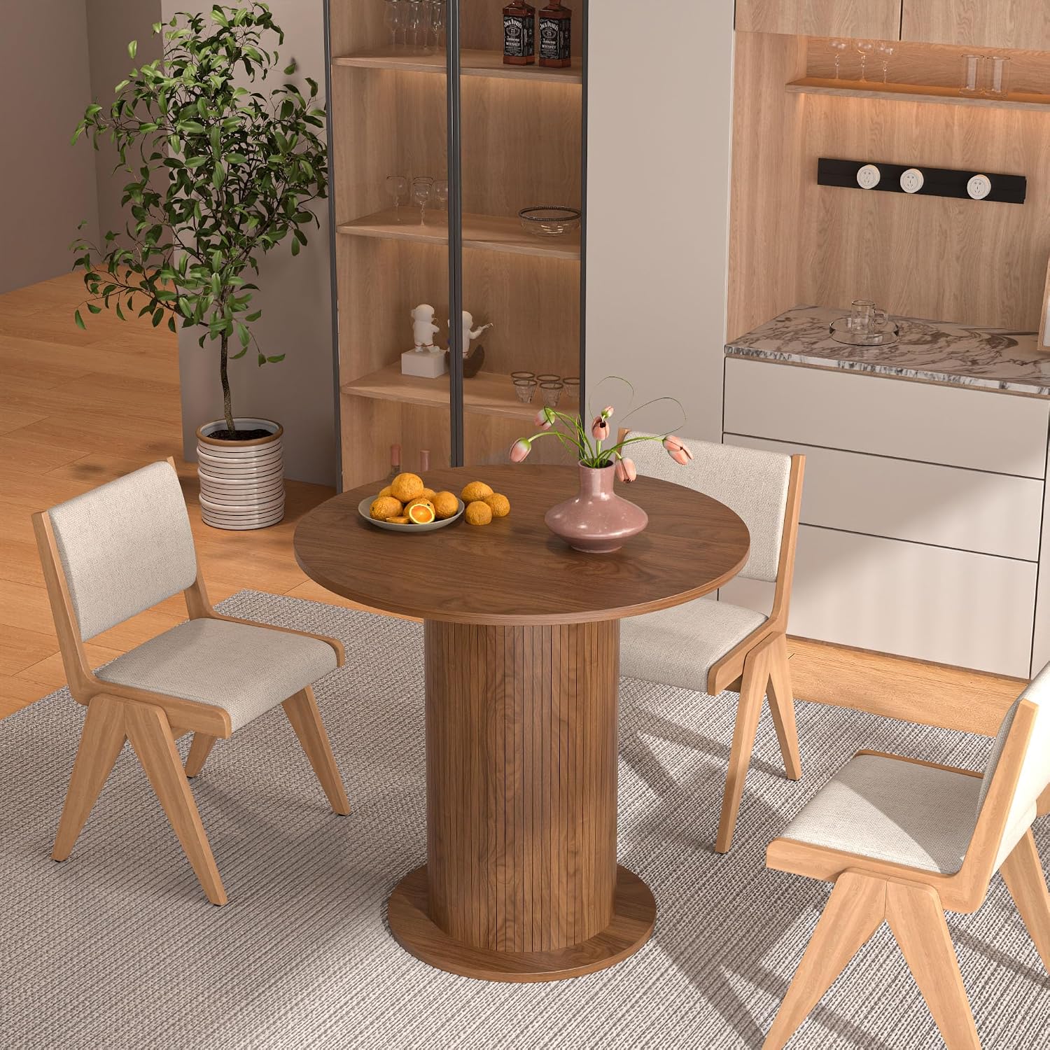 31.5 inch Round Dining Table for 2, Modern Farmhouse Kitchen Table, Small Circle Dining Tables with Wood Strip Base for Kitchen Living Room (Walnut)