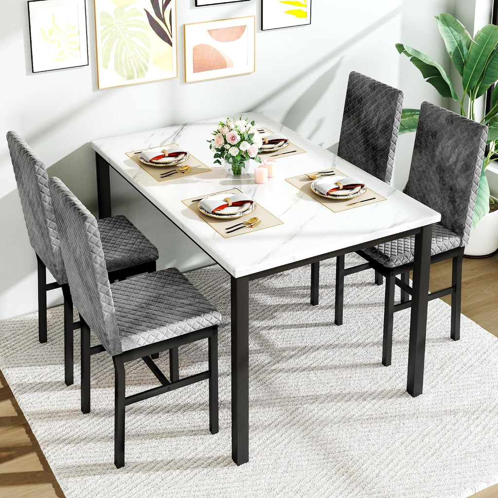Hooseng Kitchen Table Set 5 Piece Dining Room Table Set Marble Dining Table 4 Chair Dining Table Set for Kitchen Living Room Breakfast Small Spaces (Grey)