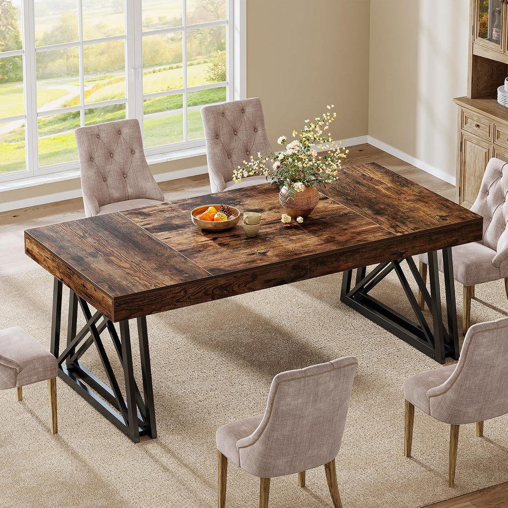 Tribesigns 63-Inch Dining Table for 4-6, Farmhouse Kitchen Table with Sturdy Metal Legs, Rectangular Dinner Furniture for Home, Living Room, Vintage Brown and Black