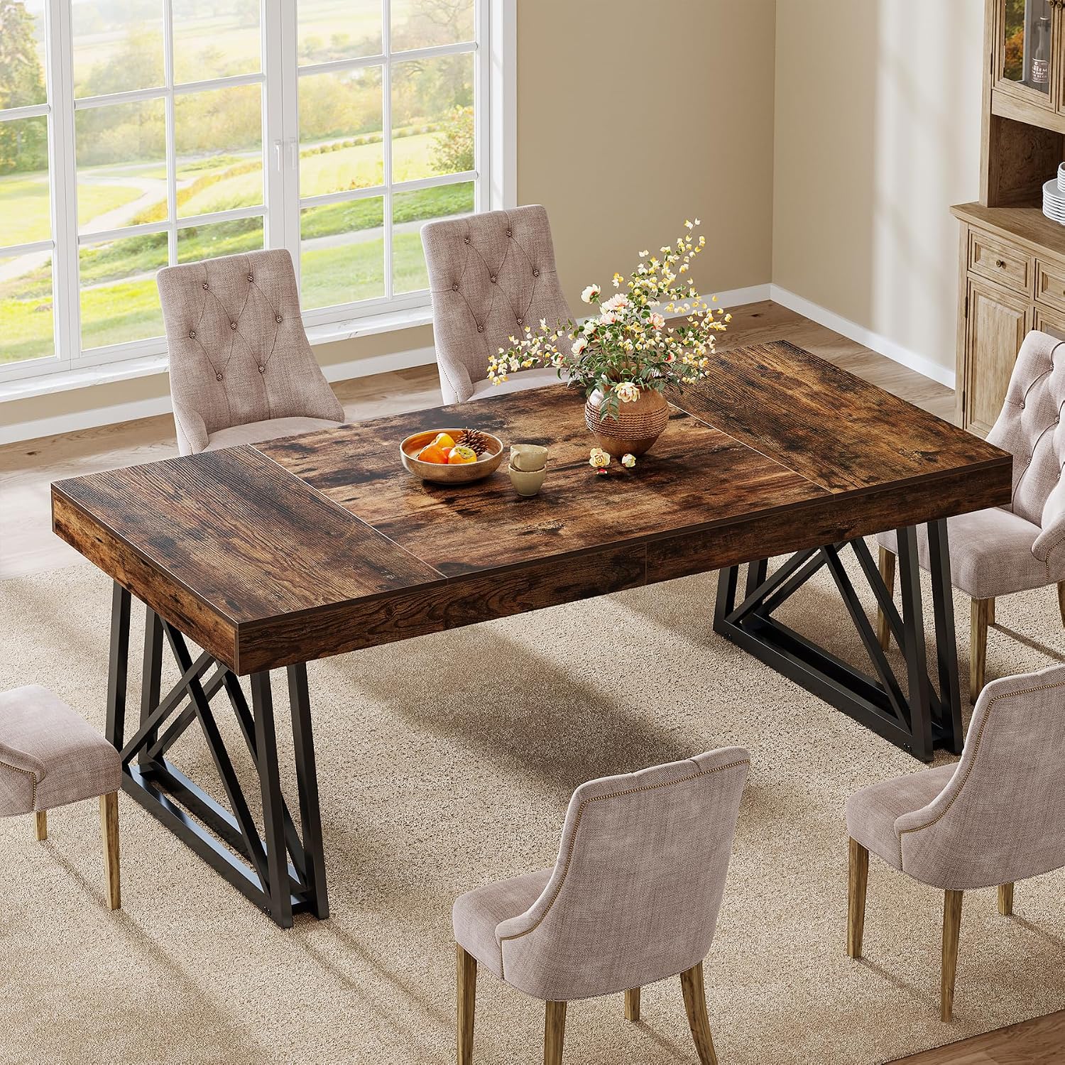 Tribesigns 63-Inch Dining Table for 4-6, Farmhouse Kitchen Table with Sturdy Metal Legs, Rectangular Dinner Furniture for Home, Living Room, Vintage Brown and Black
