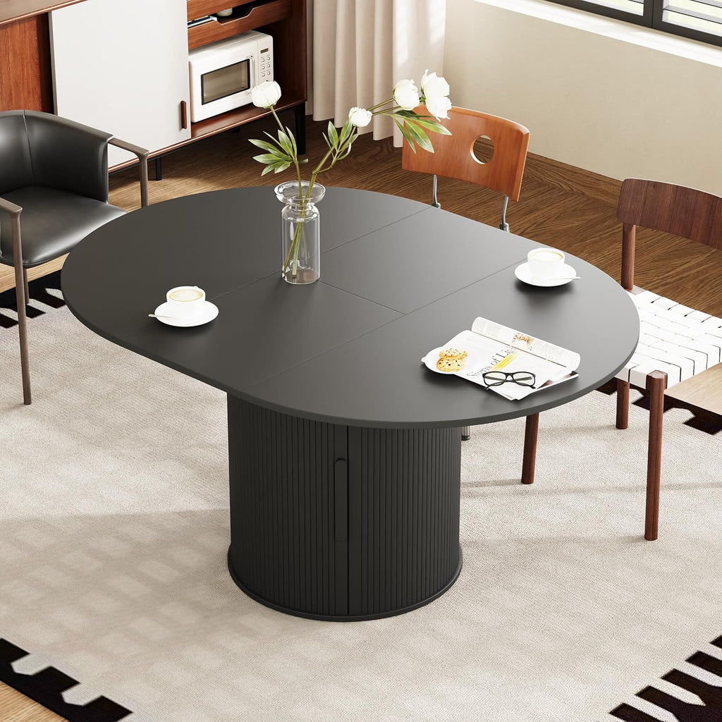 weselon 43'-59' Extendable Round to Oval Dining Table with Hidden Storage, Modern Wooden Kitchen Table with Fluted Sliding Door Cabinet, Expandable Dinner Table for Dining Room Living Room (Black)