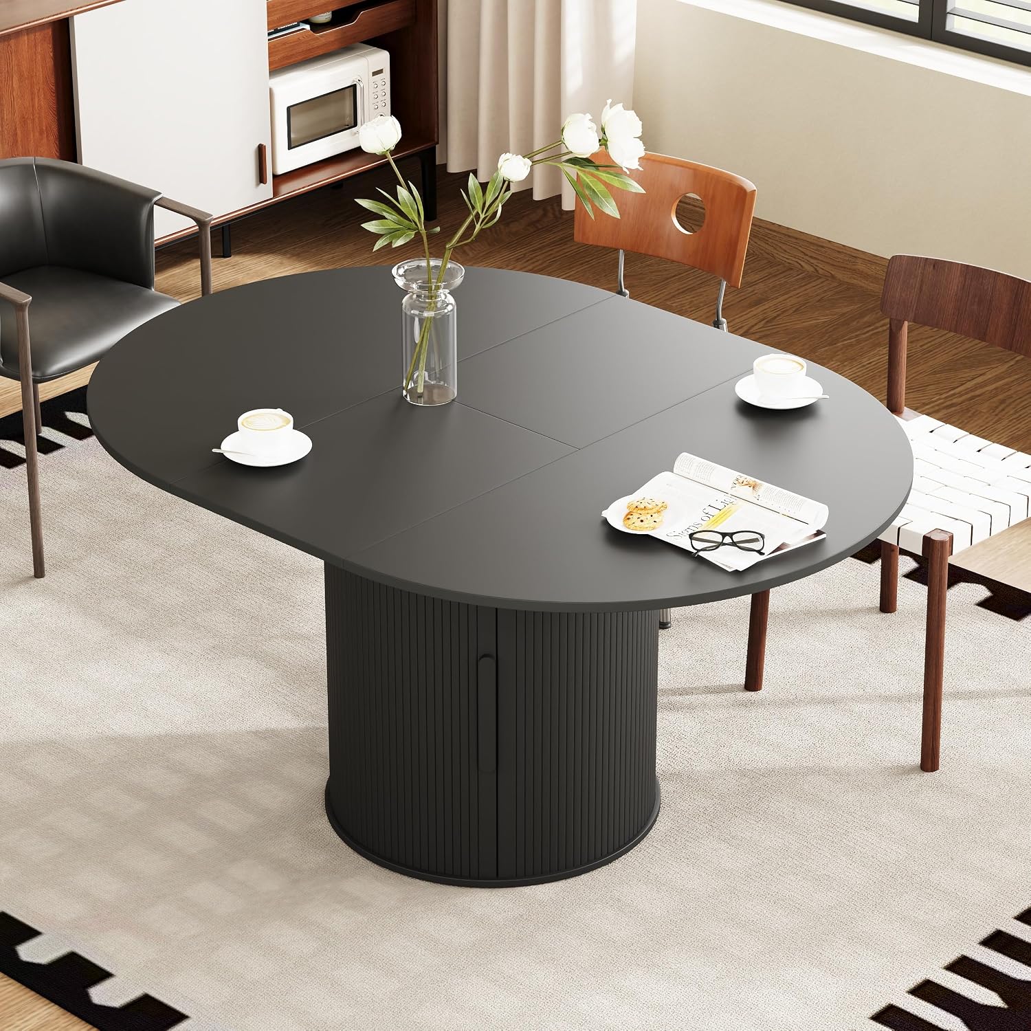 weselon 43'-59' Extendable Round to Oval Dining Table with Hidden Storage, Modern Wooden Kitchen Table with Fluted Sliding Door Cabinet, Expandable Dinner Table for Dining Room Living Room (Black)