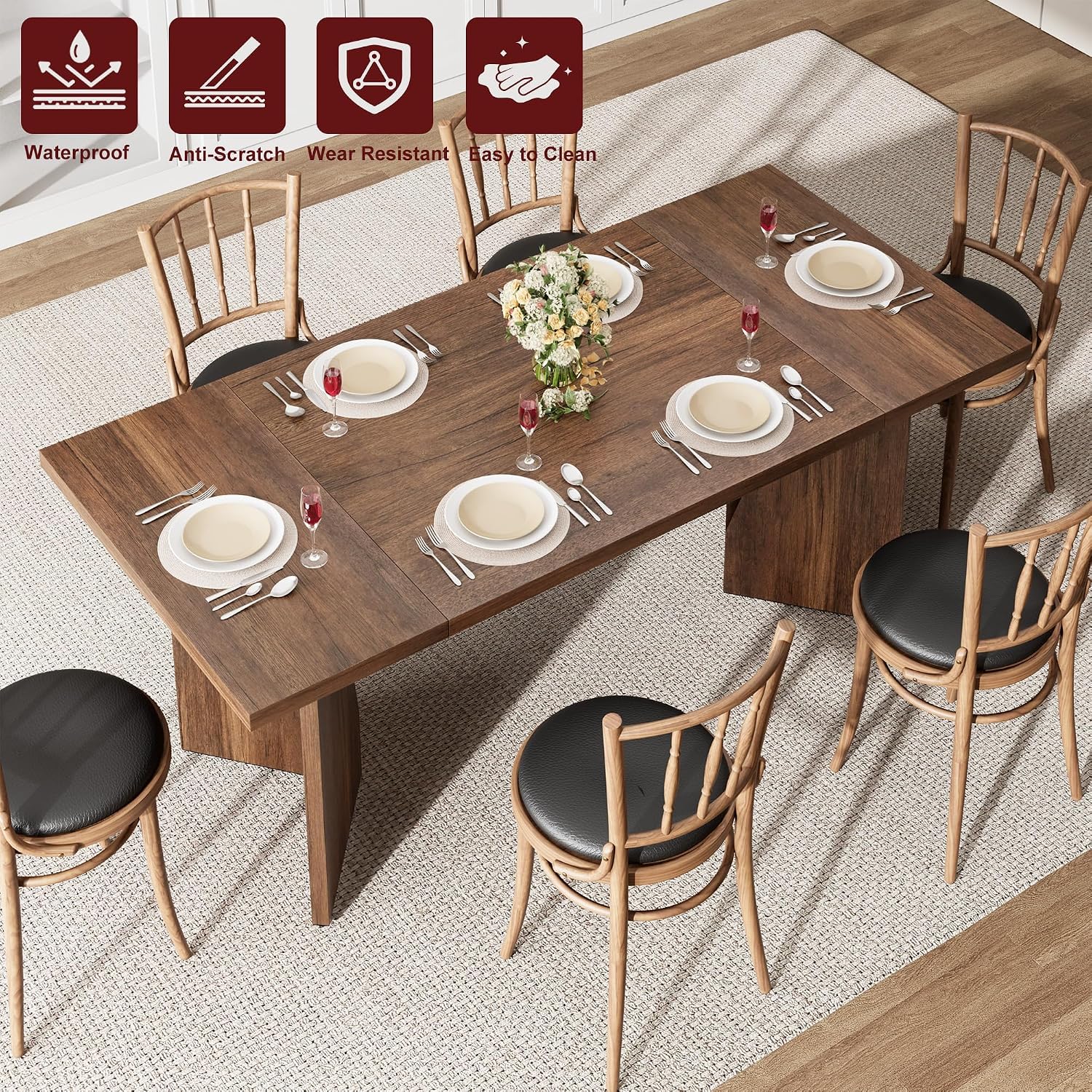 GarveeHome 70.9'' Dining Table for 6, Farmhouse Rectangular Kichen Table with Sturdy Frame and 'V' Leg, Wooden Thickened Long Desk and Dinner Desk for Dining Room, Kitchen, Office, Game Room(Retro)