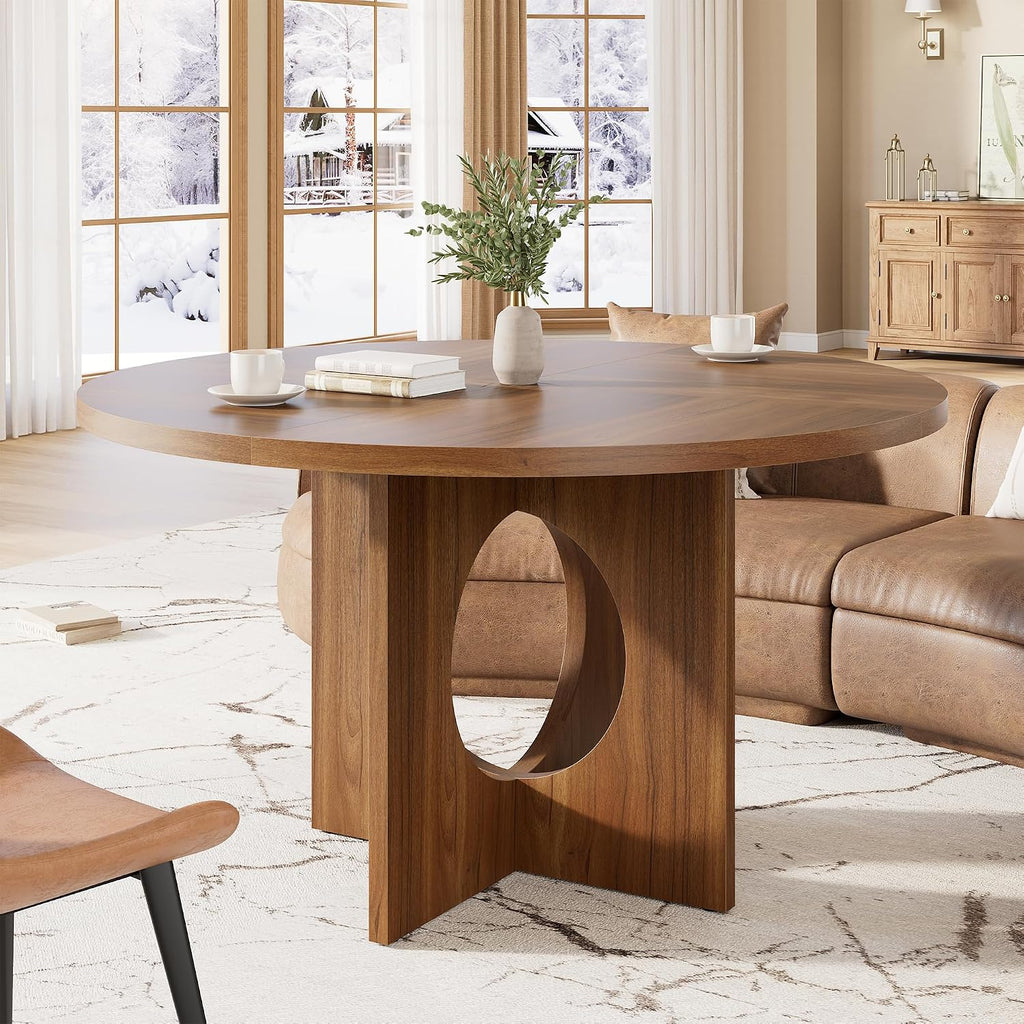 Garvee 47' Round Dining Table for 4-6 People - Circle Kitchen Dinner Table with Sturdy Pedestal Base, Space Saving Dinning Room Furniture for Living Room, Kitchen, Apartment, Brown