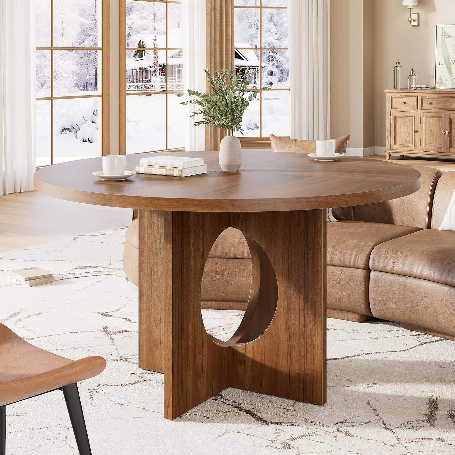 Garvee 47' Round Dining Table for 4-6 People - Circle Kitchen Dinner Table with Sturdy Pedestal Base, Space Saving Dinning Room Furniture for Living Room, Kitchen, Apartment, Brown