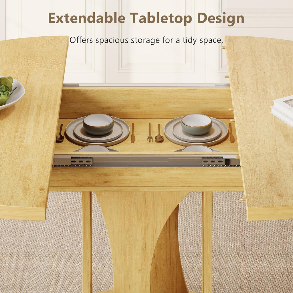 Einhomn 59' Extendable Round Dining Table for 6-8, Kitchen Table with Sturdy Double Arc Base & Backboard Clasp Desktop, Mid-Century Modern Dinner Table, Kitchen Dining Room, Space Saving, Natrual