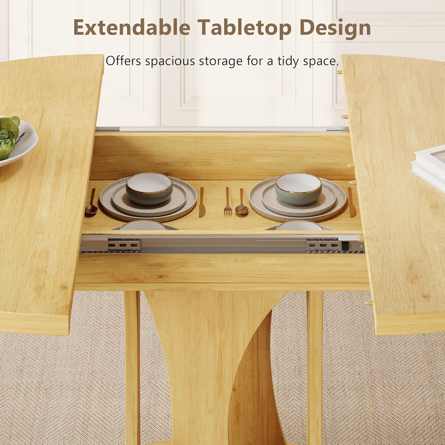 Einhomn 59' Extendable Round Dining Table for 6-8, Kitchen Table with Sturdy Double Arc Base & Backboard Clasp Desktop, Mid-Century Modern Dinner Table, Kitchen Dining Room, Space Saving, Natrual