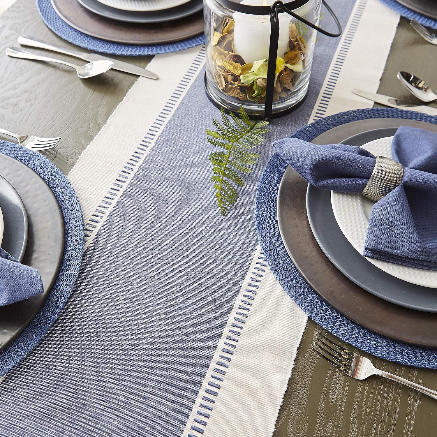 DII Dobby Stripe Woven Table Runner, 13x108 (13x113.5, Fringe Included) French Blue (Pack of 12)