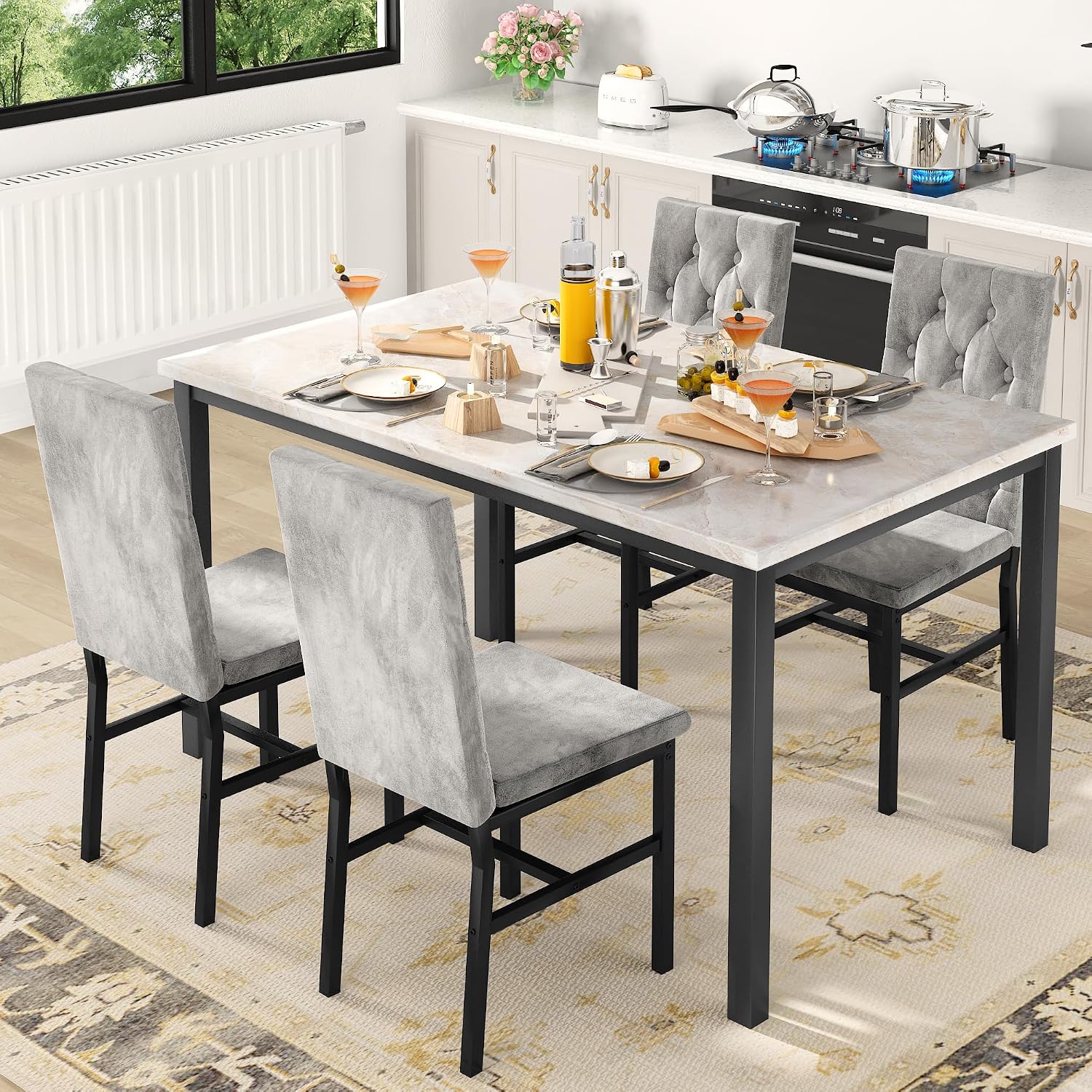 Hooseng Dining Table Set for 4, Faux Marble Small Kitchen Table Chairs Set of 4 with Luxurious Button Tufted Dinner Chairs for Kitchen and Dining (Beige)