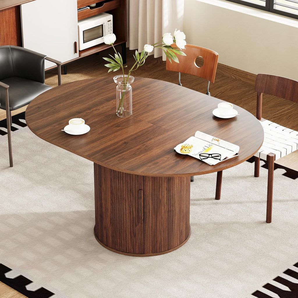 weselon 43'-59' Extendable Round to Oval Dining Table with Hidden Storage, Modern Wooden Kitchen Table with Fluted Sliding Door Cabinet, Expandable Dinner Table for Dining Room Living Room (Walnut)