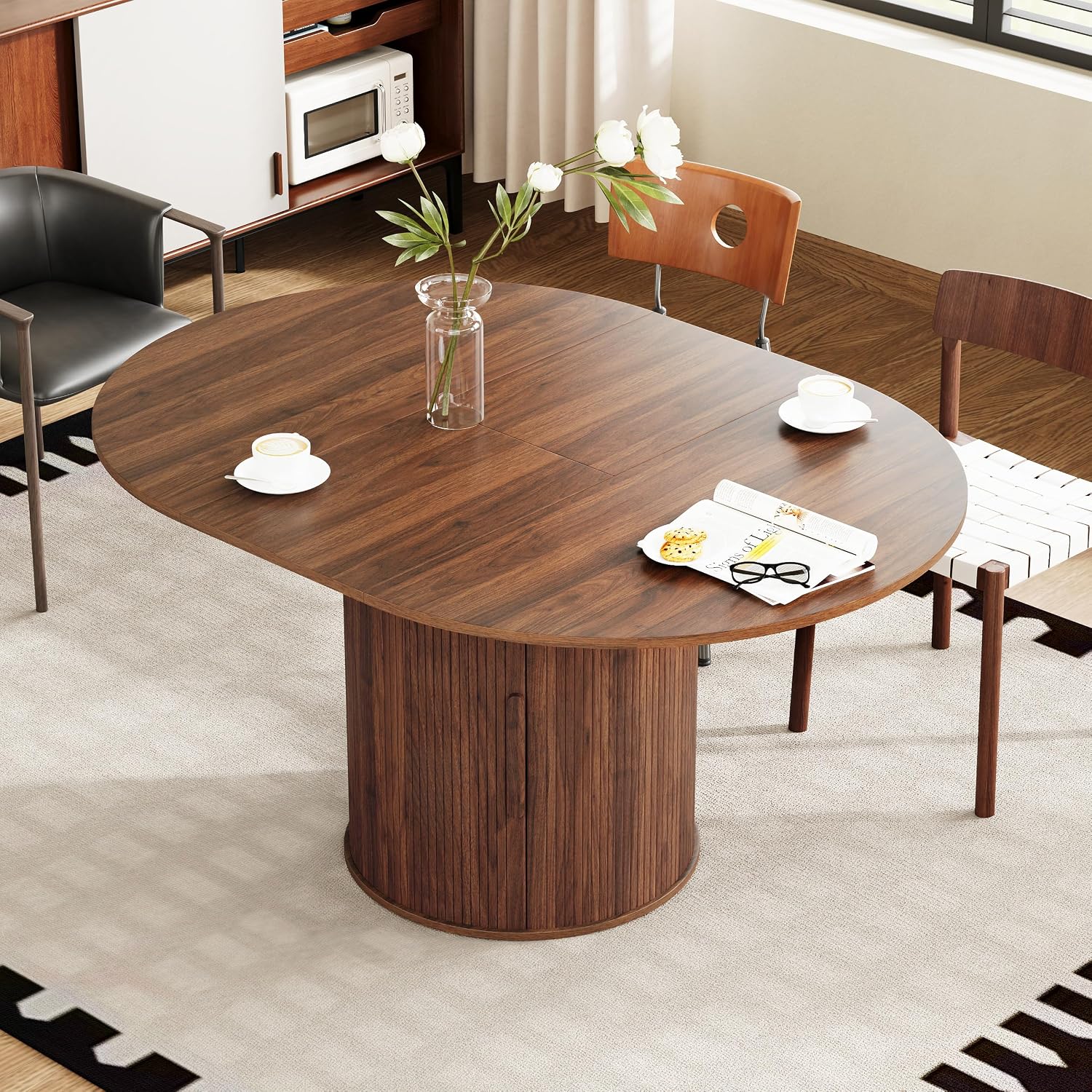 weselon 43'-59' Extendable Round to Oval Dining Table with Hidden Storage, Modern Wooden Kitchen Table with Fluted Sliding Door Cabinet, Expandable Dinner Table for Dining Room Living Room (Walnut)