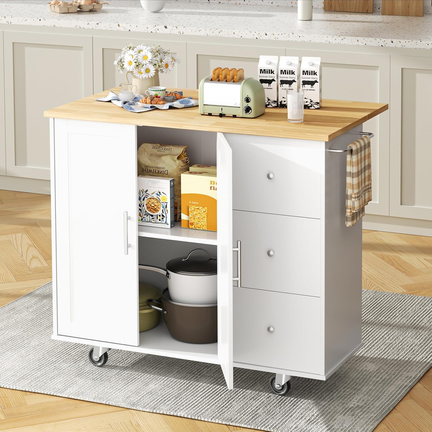 Shintenchi Kitchen Island with Folding Drop Leaf, Rolling Island Table with Storage, Kitchen Cabinet on Wheels with Seating Area for Kitchen, Bar Cart with Cabinet, White