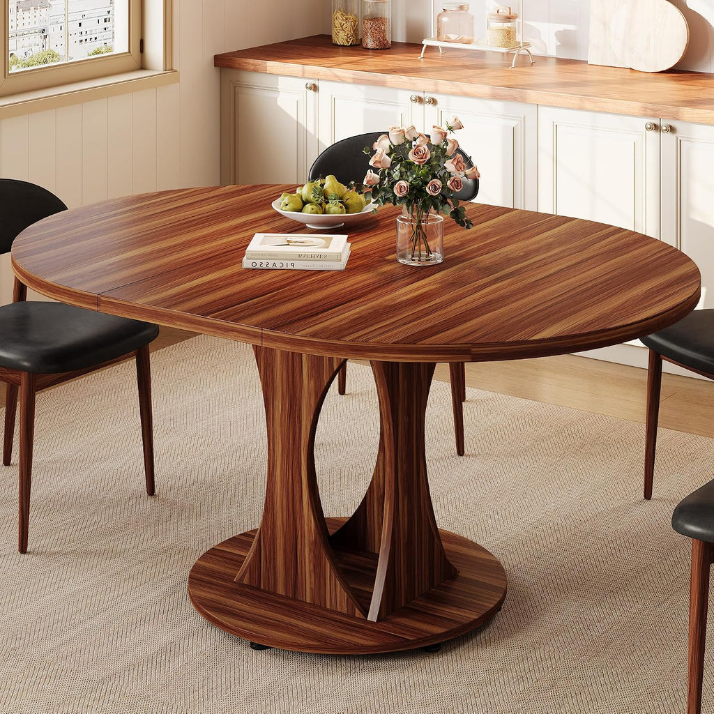 Einhomn 59' Extendable Round Dining Table for 6-8, Kitchen Table with Sturdy Double Arc Base & Backboard Clasp Desktop, Mid-Century Modern Dinner Table, Kitchen Dining Room, Space Saving, Walnut