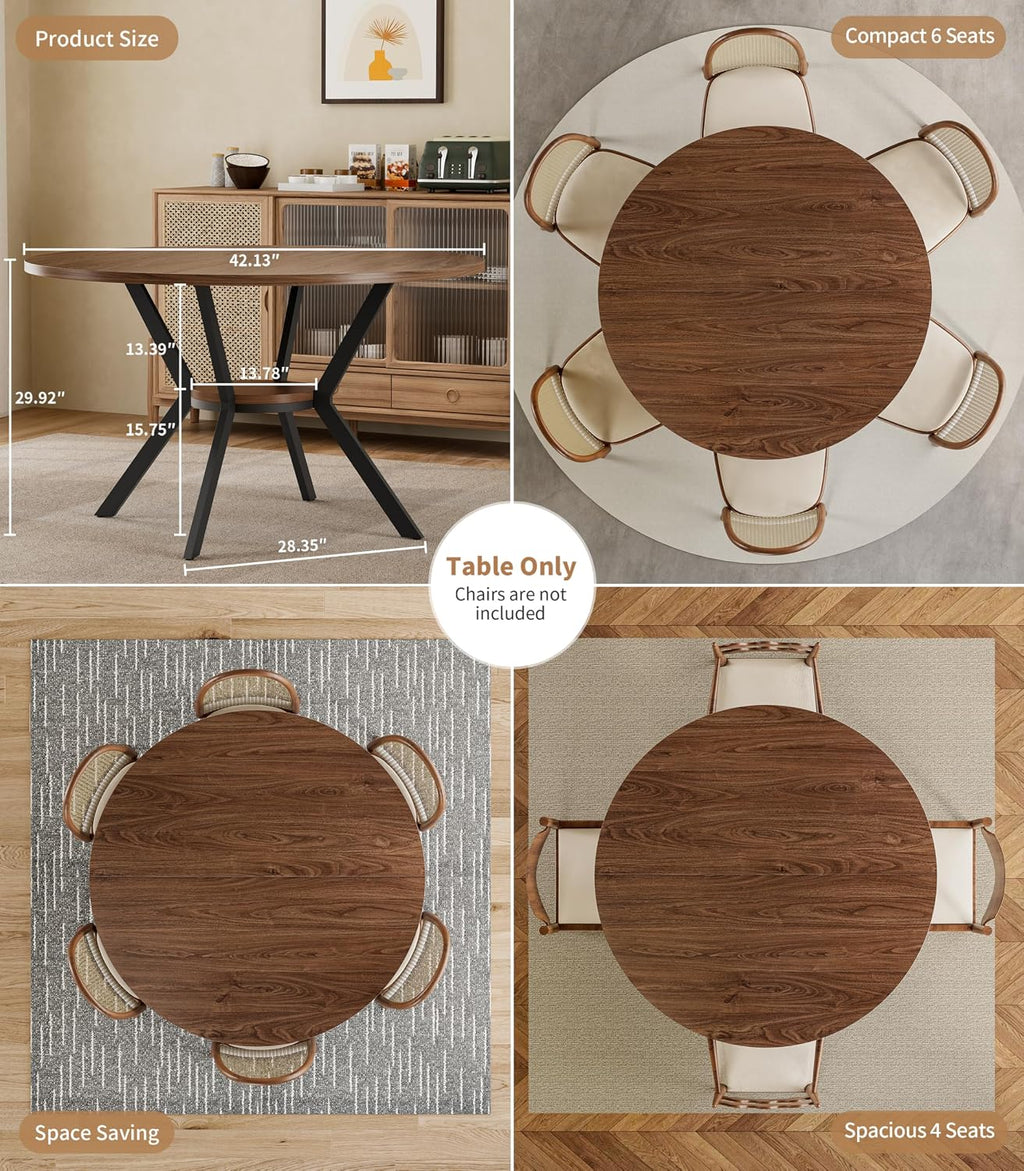 42' Round Dining Table for 4, Farmhouse Kitchen Table with Storage, Space Saving Circle Dinner Table, Rustic Wood Kitchen & Dining Room Tables with Metal Legs for Kitchen, Living Room, Dining Room