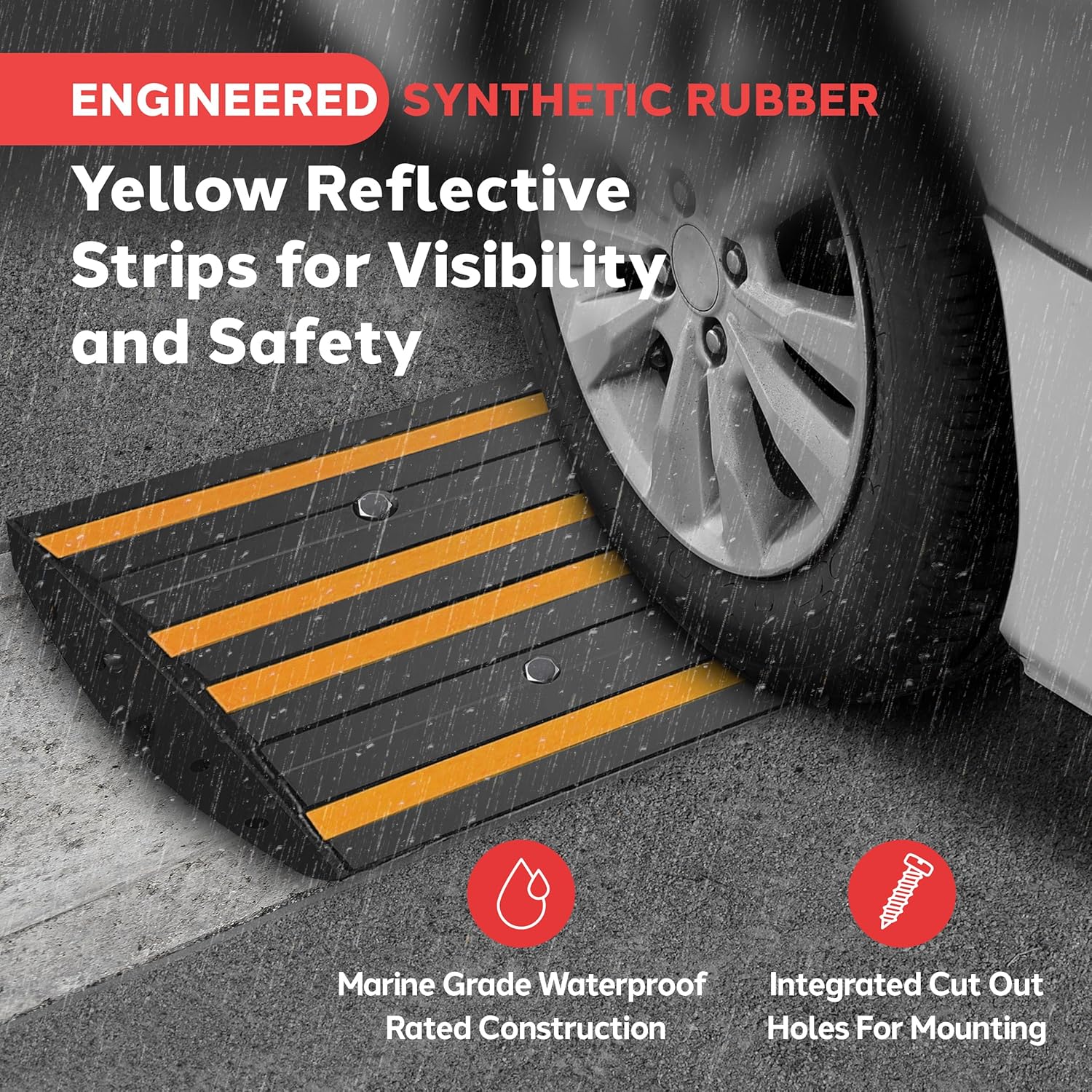 Pyle 8 Ft. Rubber Curb Ramp Set - Pack of 2 Heavy Duty Non-Slip Threshold Ramps for Driveways & Sidewalks, Waterproof, Yellow Reflective Strips, Expansion Screws Included, 48''x16''x2.6'' Inches