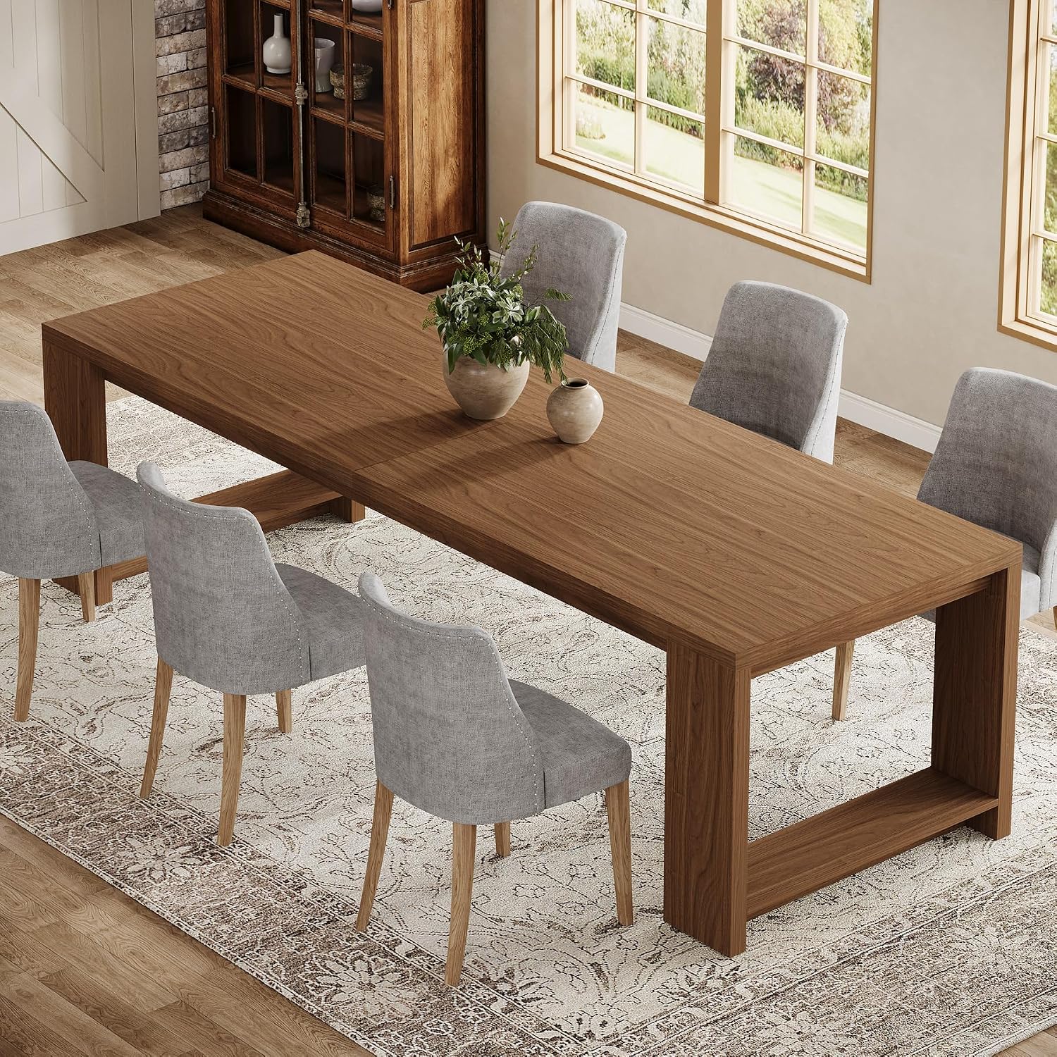 Tribesigns 86.61-Inch Dining Table for 6-8 People, Narrow Long Modern Kitchen Table with Pedestal Base, Farmhouse Extra Long Rectangular Dining Room Furniture, 27.56 x 86.61 x 29.53 Inches, Brown