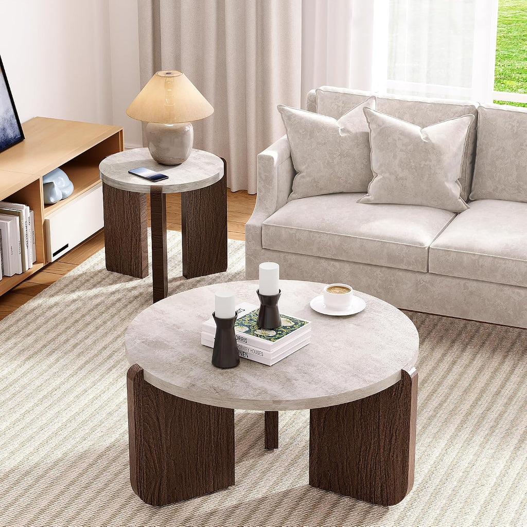SUNBURY Modern Round Coffee Table with Sturdy Base, Wood Center Tables for Living Room Reception Room, Faux Marble Tabletop, Easy Assemble