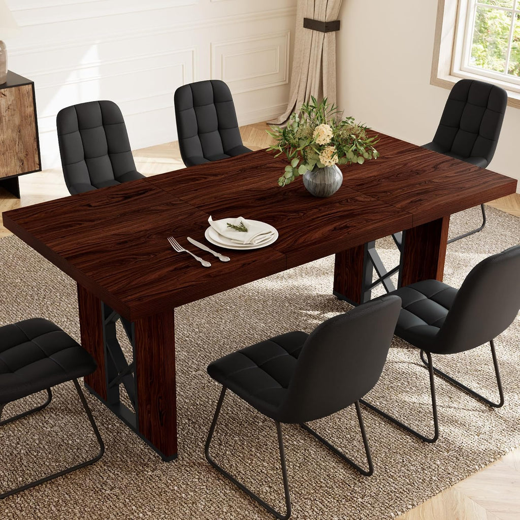 HIPIHOM 7-Piece Dining Table Set for 6 People, 70.8' MDF Kitchen Table with 6 Upholstered Chairs, Space-Saving for Dining Room, Breakfast Nook(Walnut Table+6 U-Shaped Black Chairs)