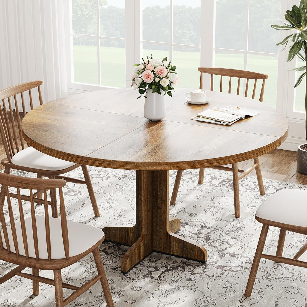 IDEALHOUSE Round Dining Table for 4, 47 Inches Circle Dining Room Table with Wooden Base for Kitchen, Living Room (Table Only), Brown