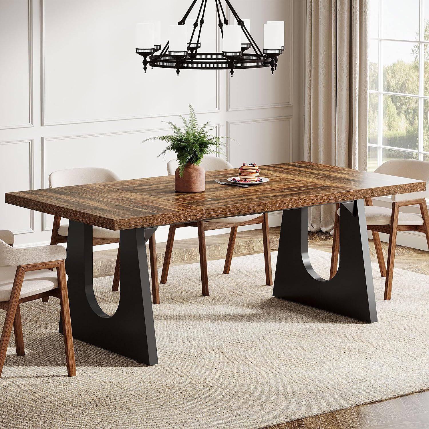 Tribesigns Large Dining Table for 6-8 People, 70.9-Inch Wood Rustic Rectangular Table with Black Wooden Legs, Farmhouse Center Kitchen Table for Dining Room, Living Room, Home Furniture (Dark Brown)