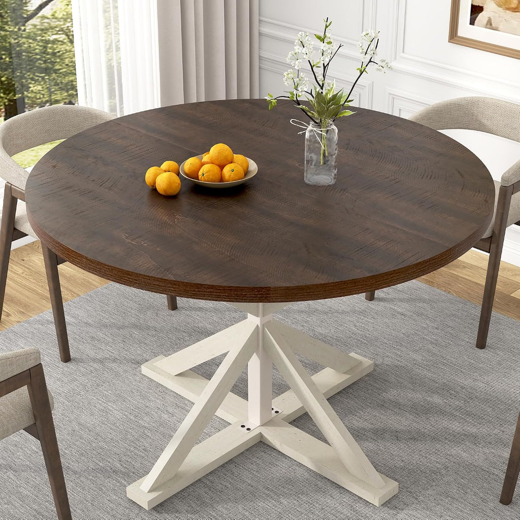 jiteentarou Round Wood Dining Table for Kitchen,Dining Room,Living Room,Farmhouse Dinner Tables W/Thickened Brown Waterproof Tabletop for 4 People,47 inch Rustic Kitchen Table W/Metal Support