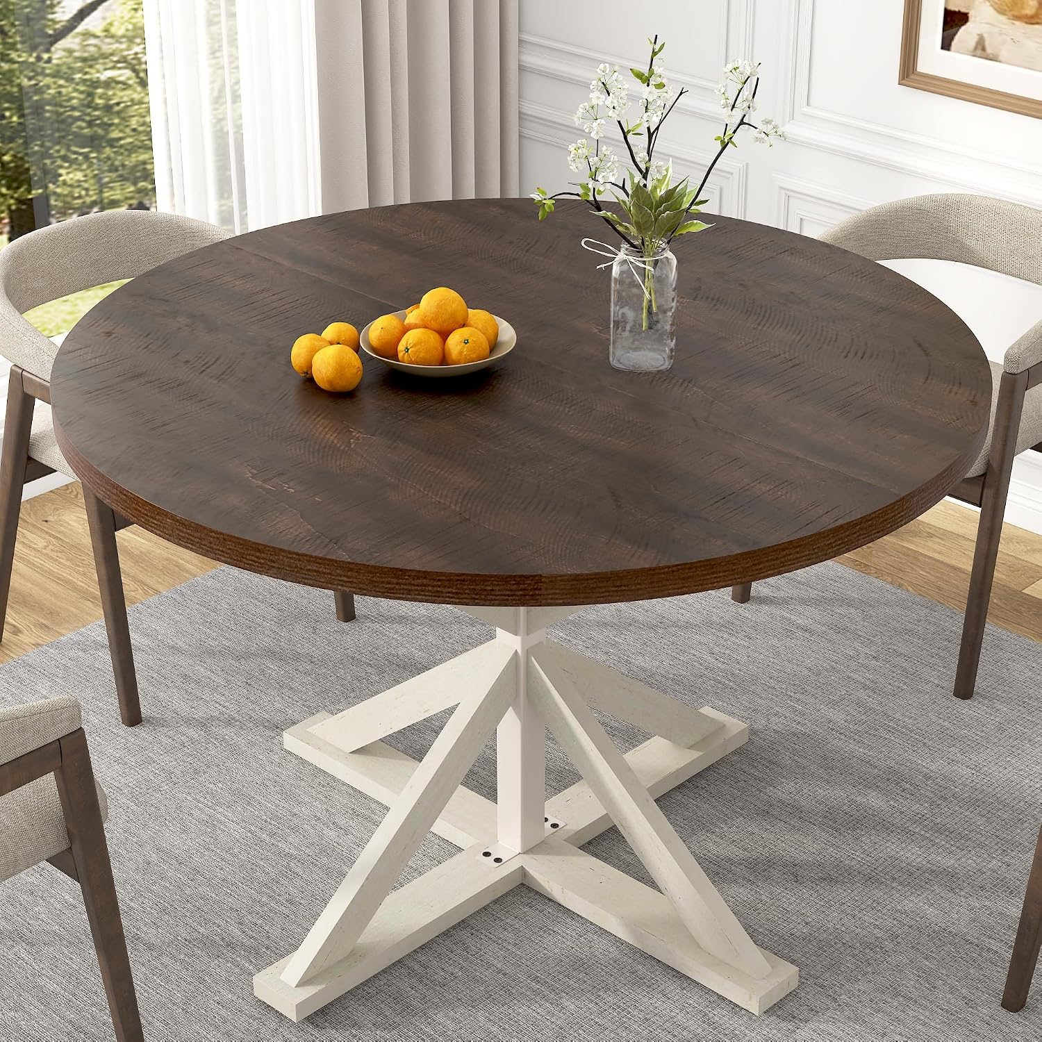 jiteentarou Round Wood Dining Table for Kitchen,Dining Room,Living Room,Farmhouse Dinner Tables W/Thickened Brown Waterproof Tabletop for 4 People,47 inch Rustic Kitchen Table W/Metal Support