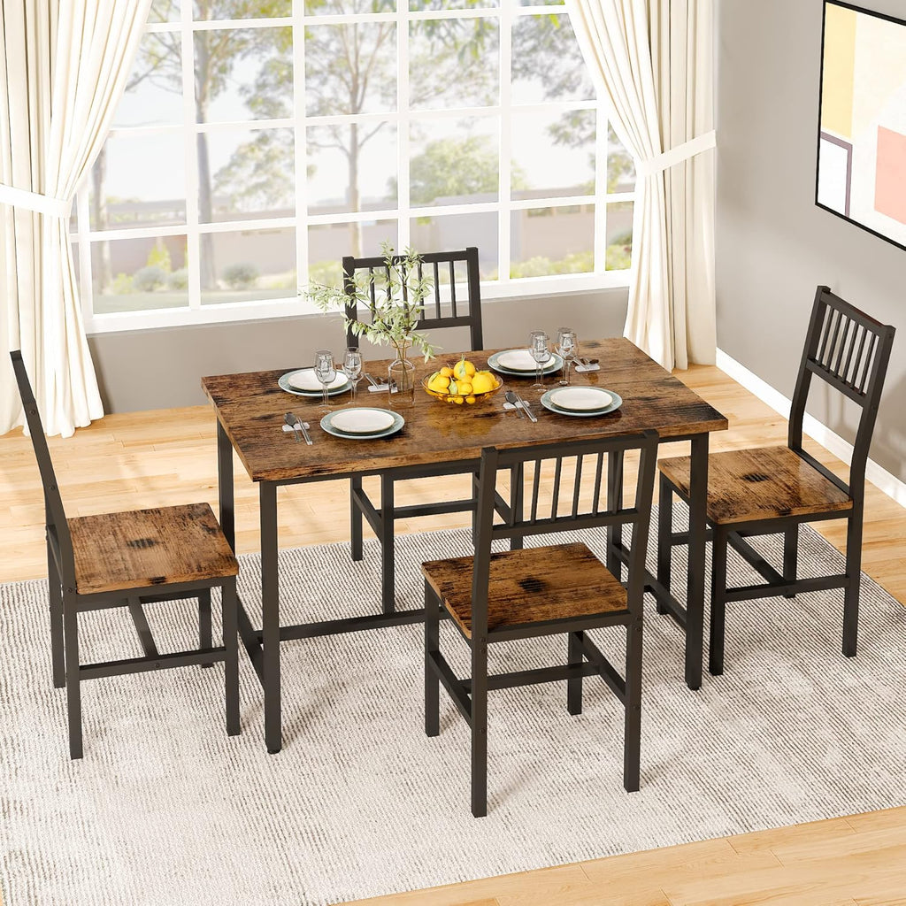 AWQM 43.3 Inch Dining Table Set for 4,Industrial Table with 4 Curved Chairs Set,5-Piece Rectangular Kitchen Table Set for Dining Room,Breakfast Nook,Small Space