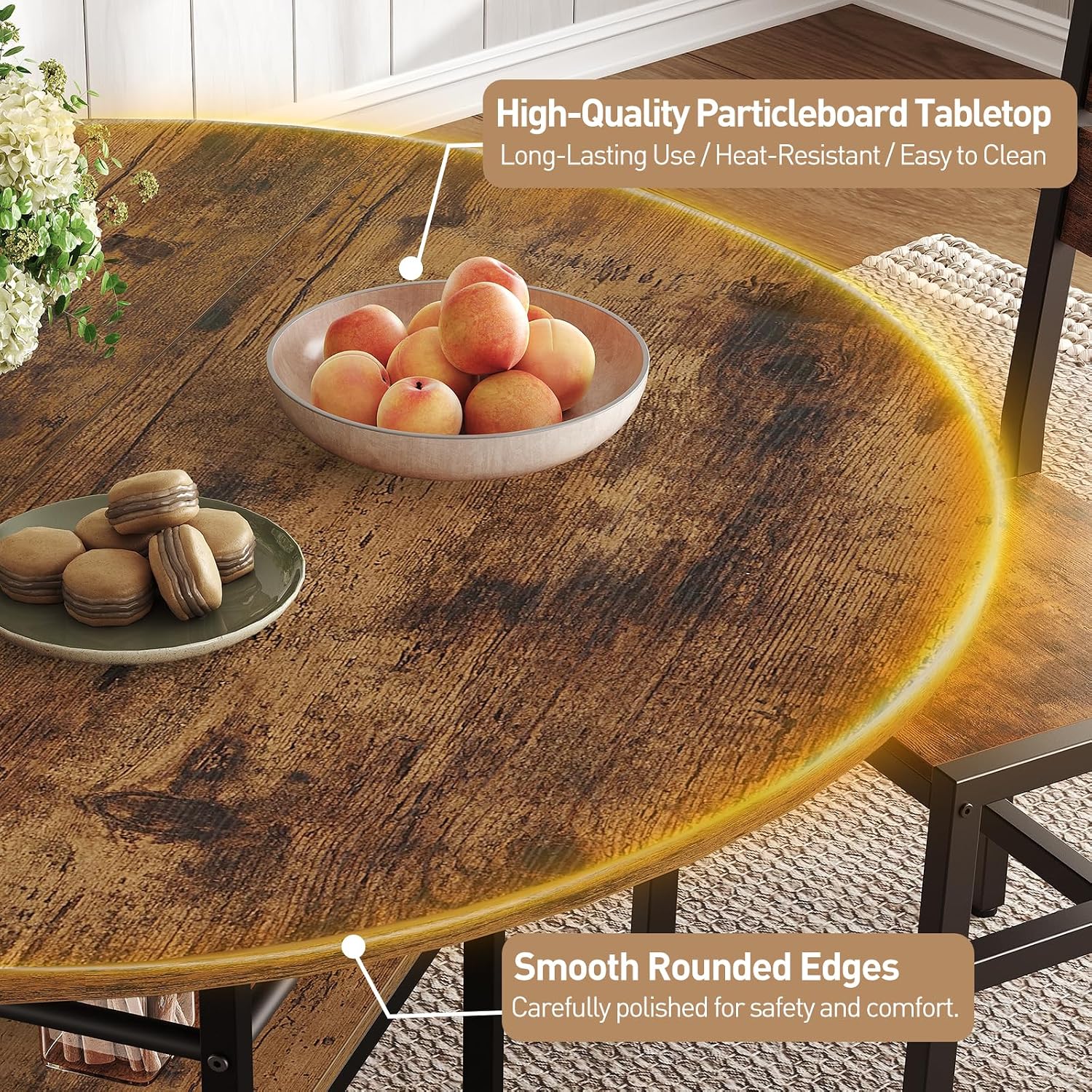 RALGEND 47.2' Round Dining Table Set for 4, Circle Kitchen Table and 4 Chairs, 5 piece Dining Table Set, with Wooden Tabletop and Widen Seat, Space Saving, for Dining Room, Rustic Brown and Black