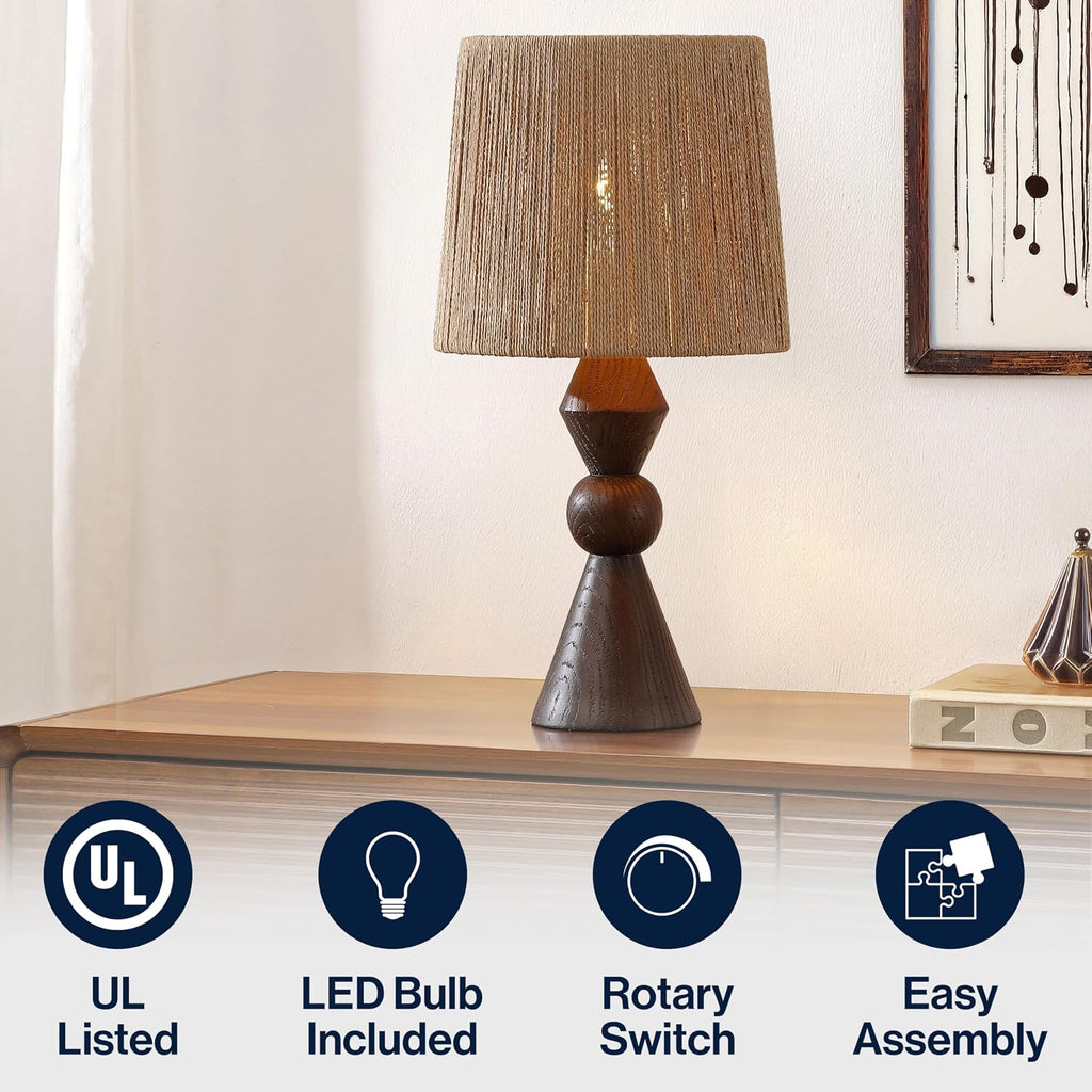 JONATHAN Y 23.5' Dark Brown Wood Finish Rustic Table Lamp for Living Room Bedroom with Brown Paper Rope Shade, Modern Farmhouse Resin Nightstand Lamp, LED Bulb Included (JYL9202B)