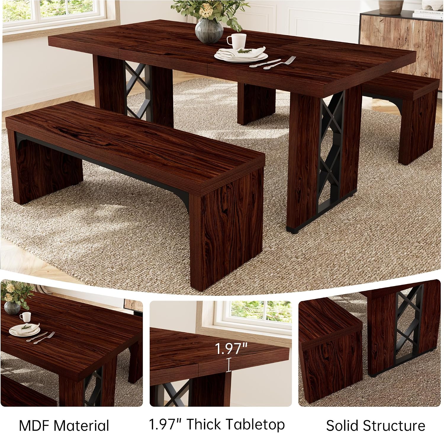 HIPIHOM 3-Piece Dining Table Set for 6 People, 70.8'' Rectangle Kitchen Table with 2 Benches for Breakfast Nook, Dining Room Furniture(Walnut Table+2 Benches)