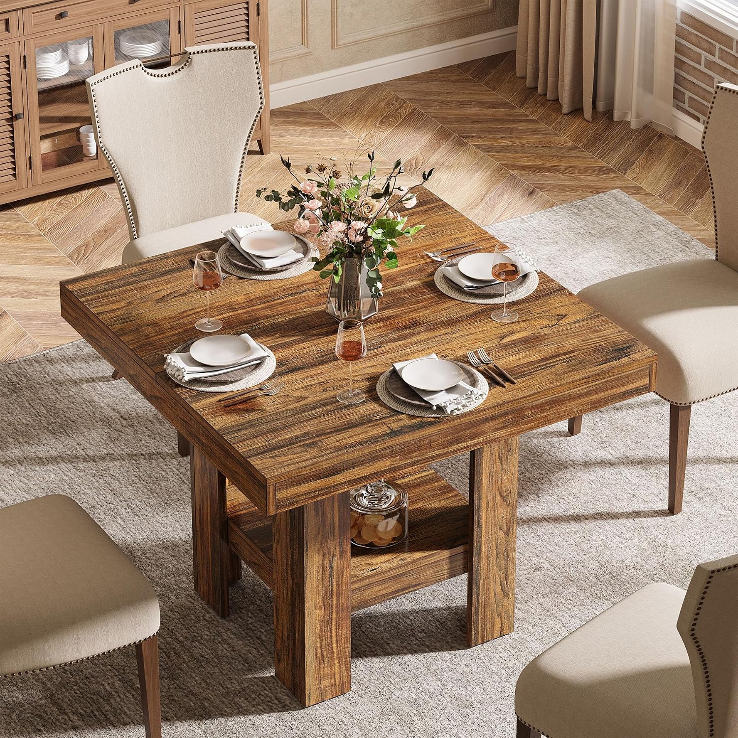 Tribesigns 31.5' Square Dining Table for 4, Small Kitchen Table with Shelf Storage, Compact Dining Room Furniture for Apartments, Offices, Living Rooms, Restaurants, Brown