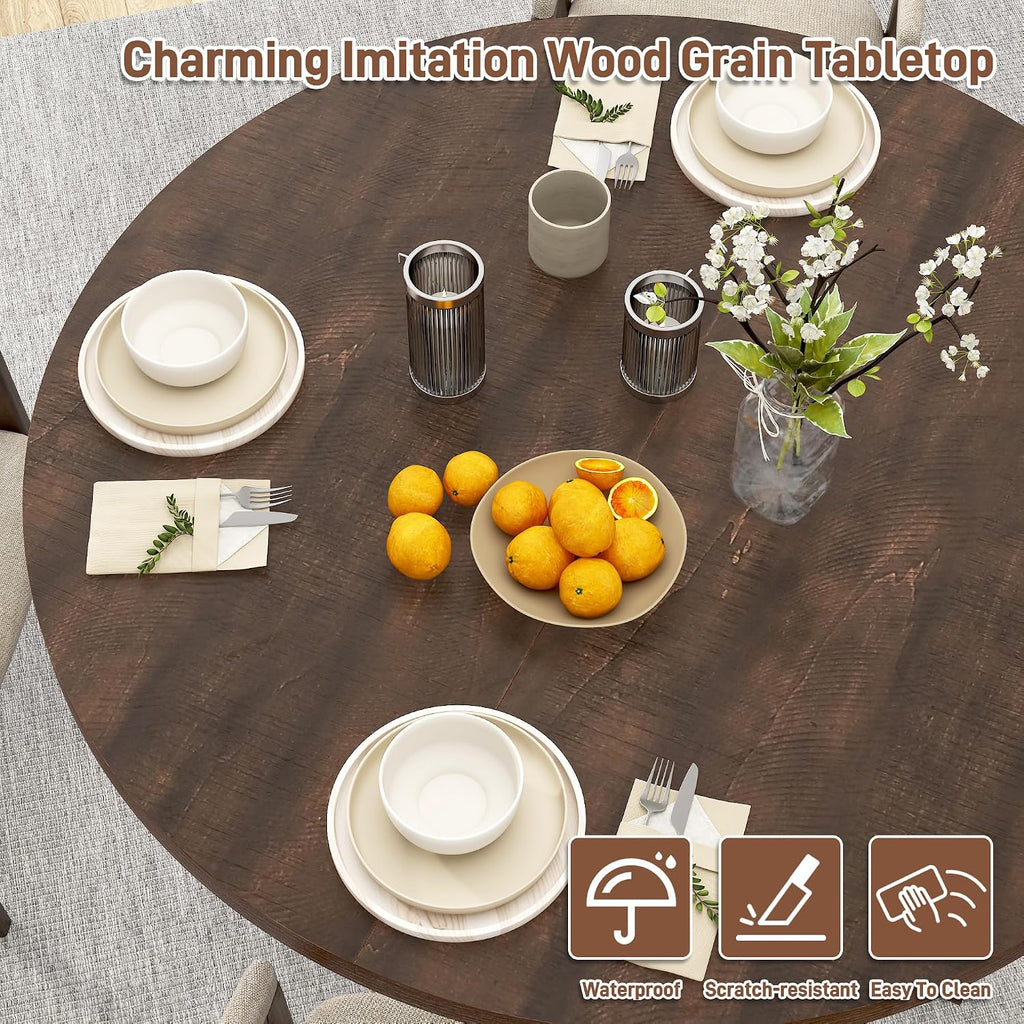 jiteentarou Round Wood Dining Table for Kitchen,Dining Room,Living Room,Farmhouse Dinner Tables W/Thickened Brown Wooden Waterproof Tabletop for 4 People,47 inch Rustic Kitchen Table W/Metal Support