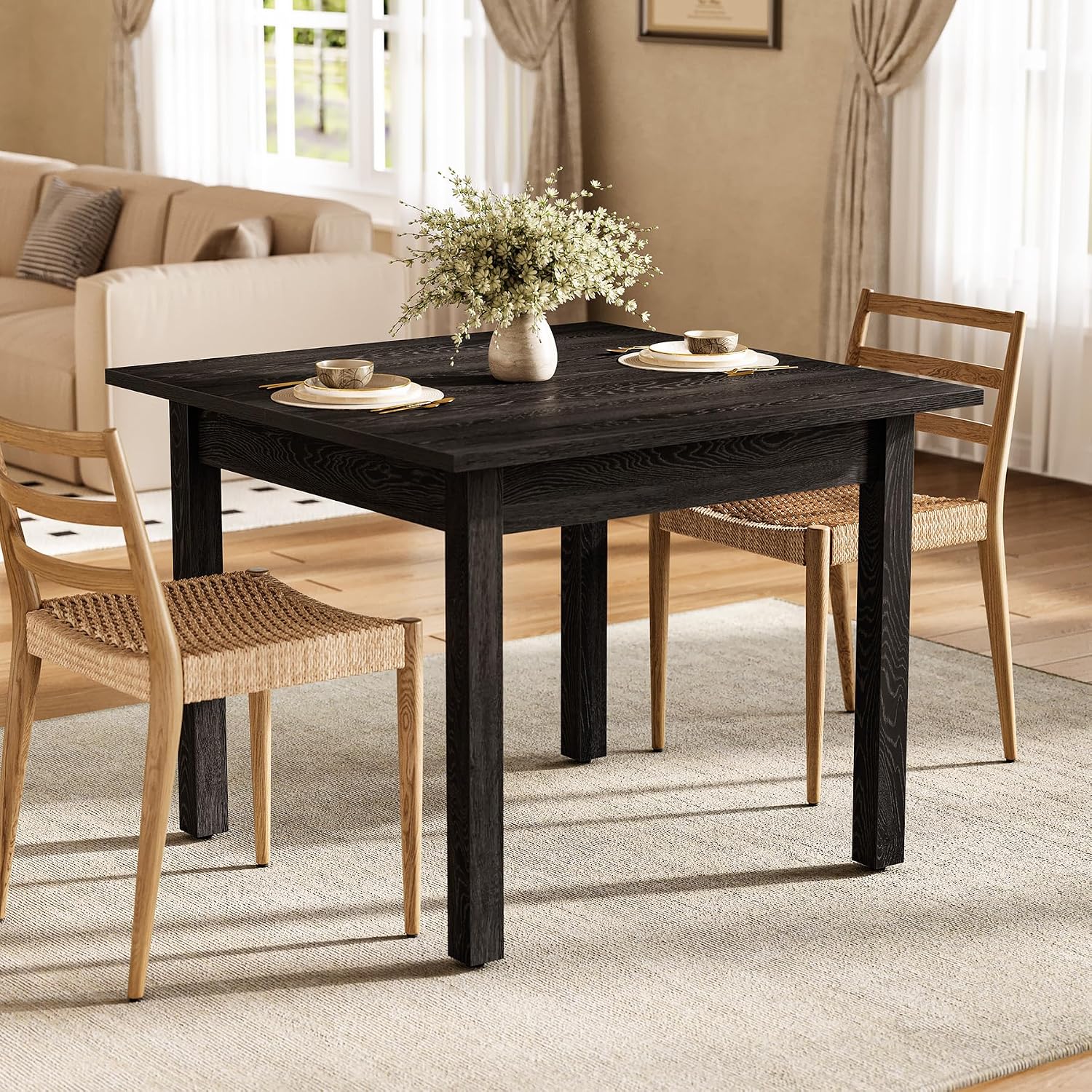 LITTLE TREE 39 Inches Square Dining Table for 4 People, Black Wooden Kitchen Table Small Dinner Table, Modern Dining Room Tables for Living Room, Kitchen
